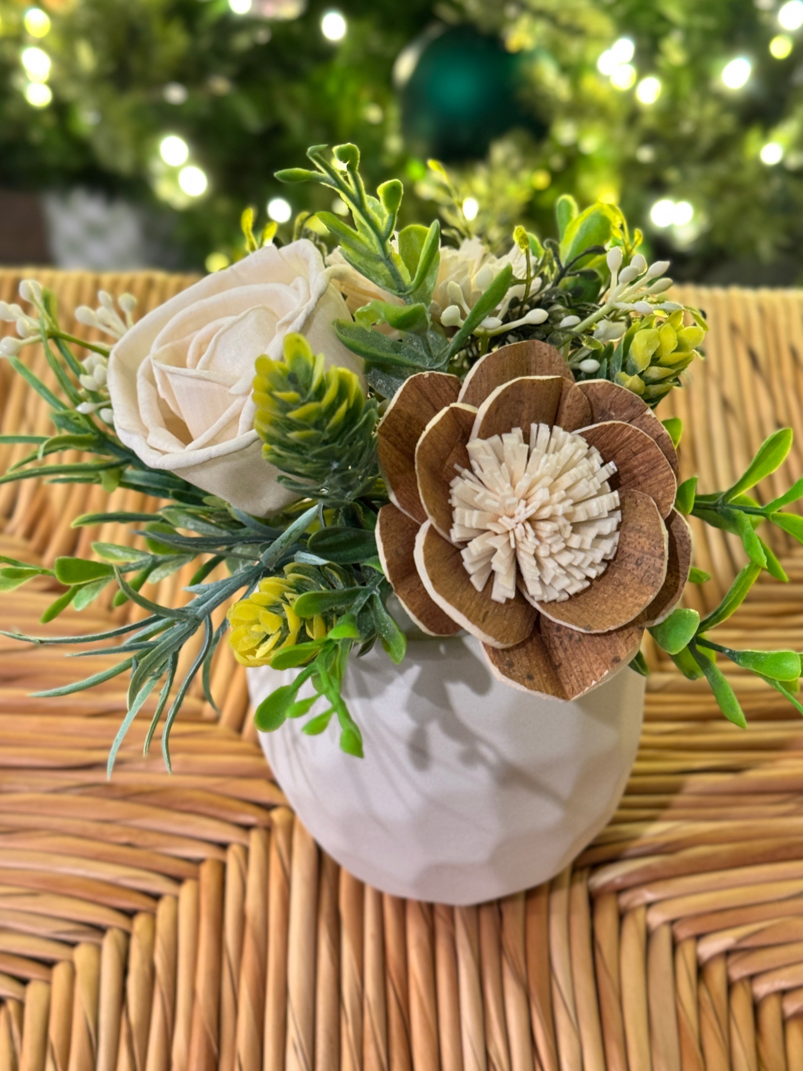 Farmhouse Mini Sola Flower Arrangement – Ivory Rose & Natural Greenery - Sola Wood Flowers | Handcrafted in Austin, TX by Sola Flower Sam