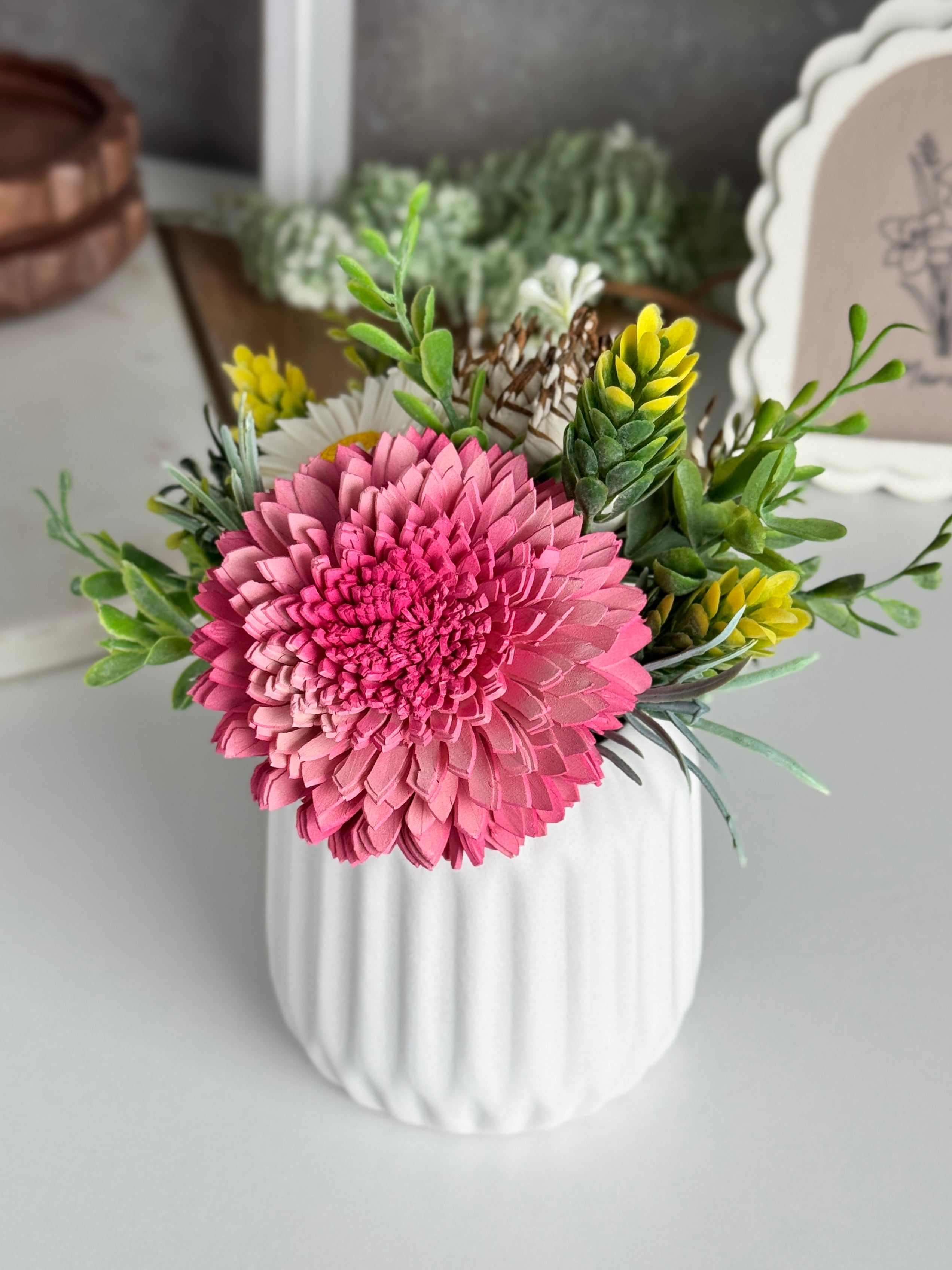 Farmhouse Mini Sola Flower Arrangement – Pink Daisy & Greenery - Sola Wood Flowers | Handcrafted in Austin, TX by Sola Flower Sam