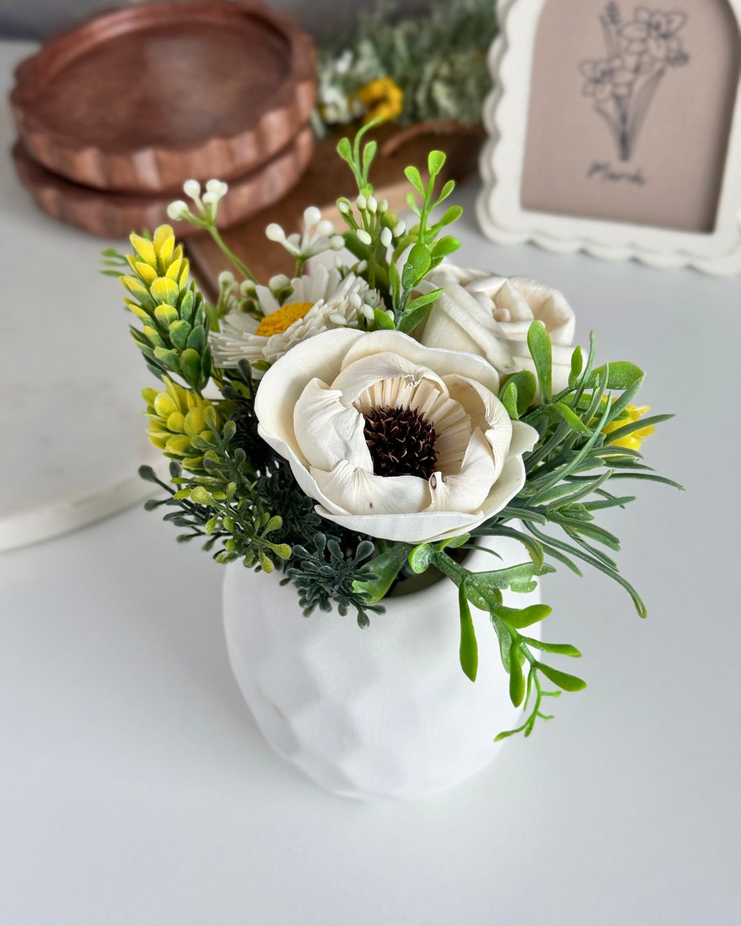 Farmhouse Neutral Sola Wood Flower Mini – White Ceramic - Sola Wood Flowers | Handcrafted in Austin, TX by Sola Flower Sam