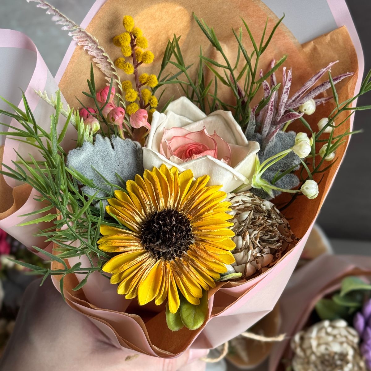 Golden Thistle | hand - tied bouquet - Sola Wood Flowers | Handcrafted in Austin, TX by Sola Flower Sam