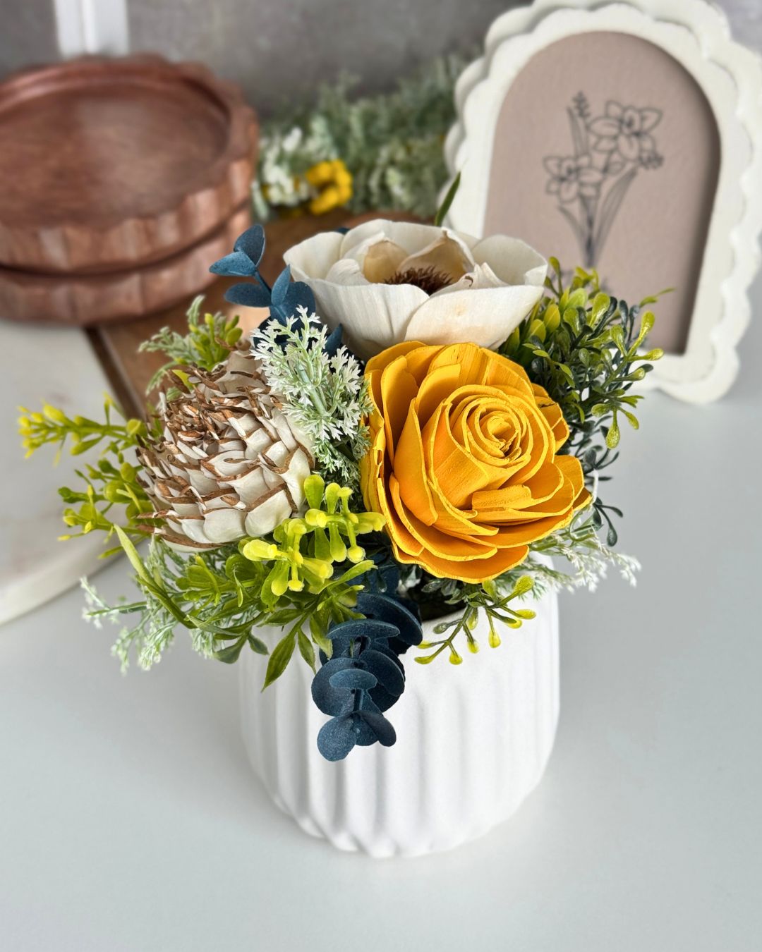 Golden Yellow Sola Wood Flower Mini – White Ceramic - Sola Wood Flowers | Handcrafted in Austin, TX by Sola Flower Sam