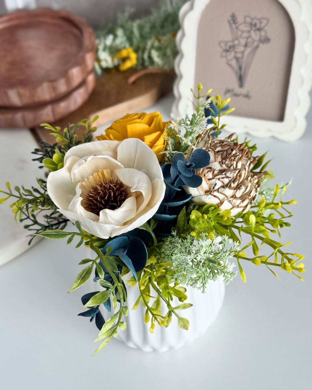 Golden Yellow Sola Wood Flower Mini – White Ceramic - Sola Wood Flowers | Handcrafted in Austin, TX by Sola Flower Sam