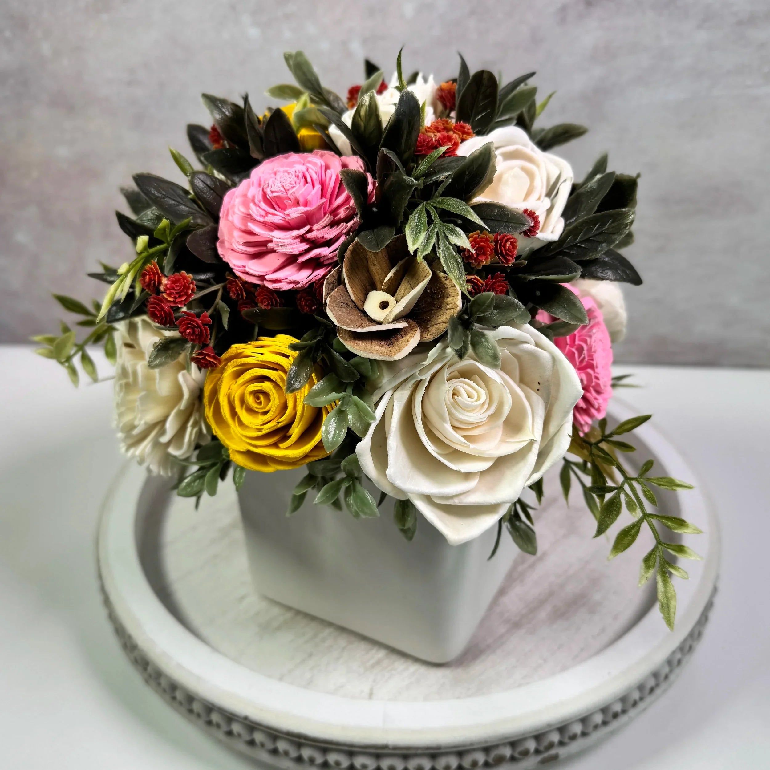 White Planter | Pink & Yellow Rose - Sola Wood Flowers | Handcrafted in Austin, TX by Sola Flower Sam