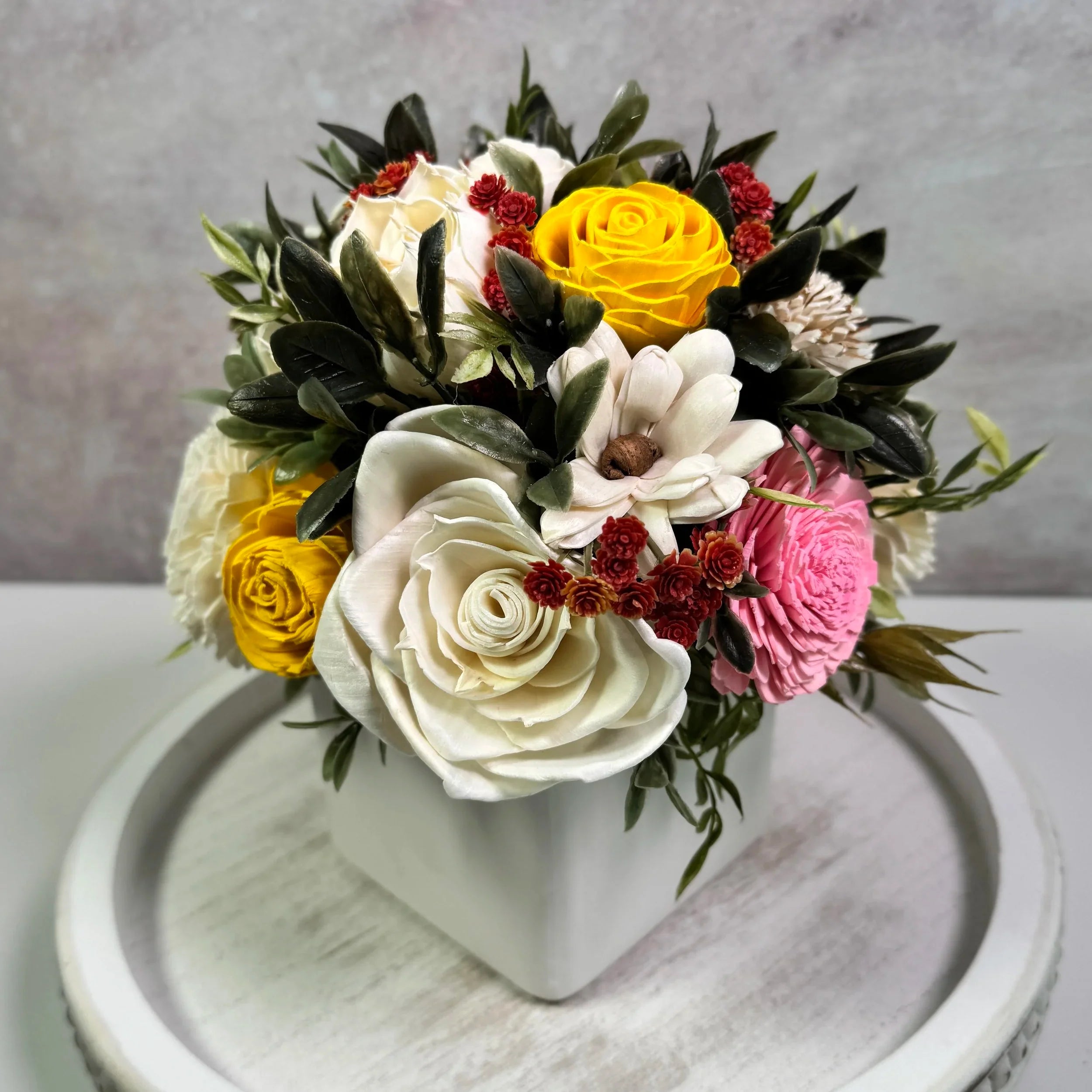 White Planter | Pink & Yellow Rose - Sola Wood Flowers | Handcrafted in Austin, TX by Sola Flower Sam