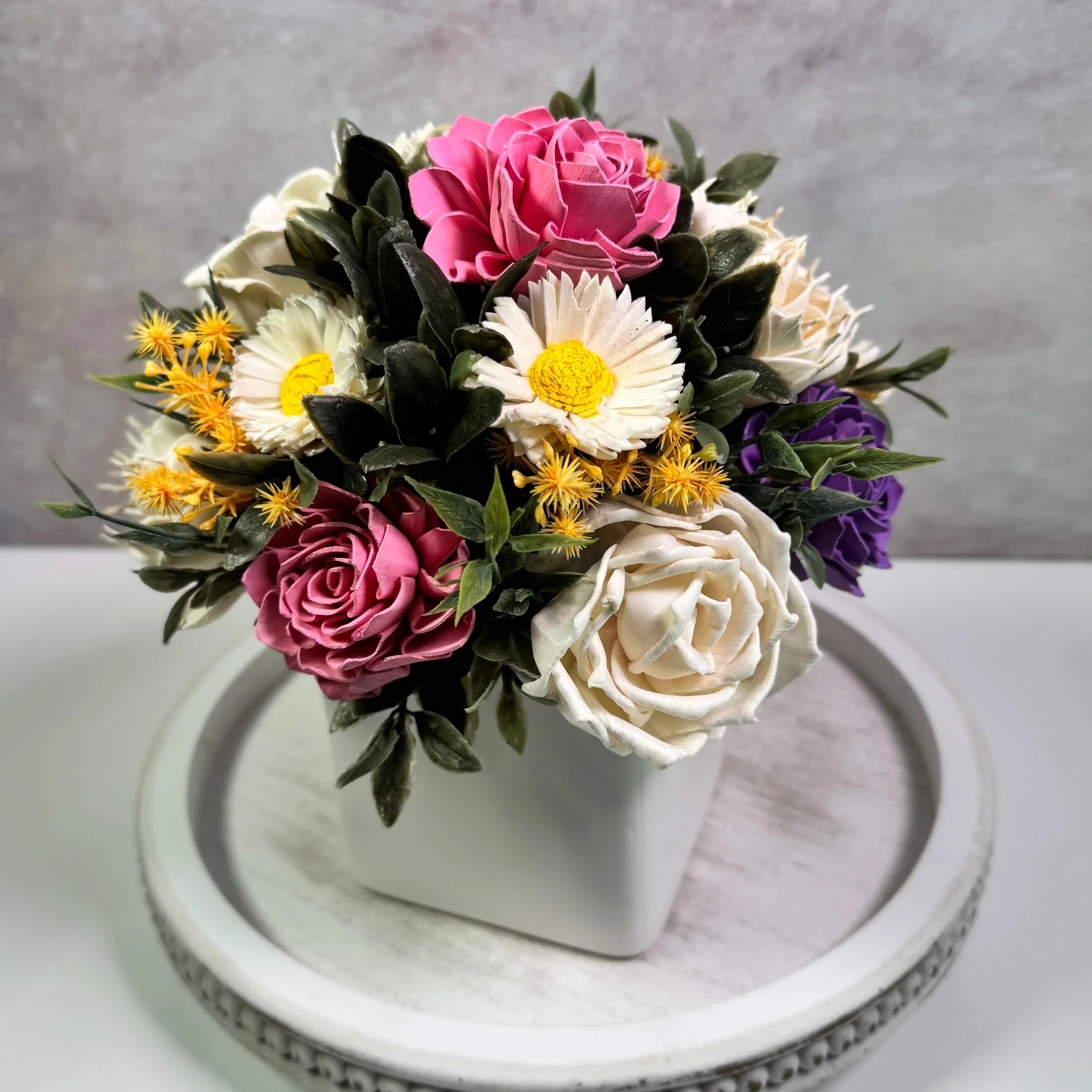 White Planter | Pink & Purple Daisy - Sola Wood Flowers | Handcrafted in Austin, TX by Sola Flower Sam