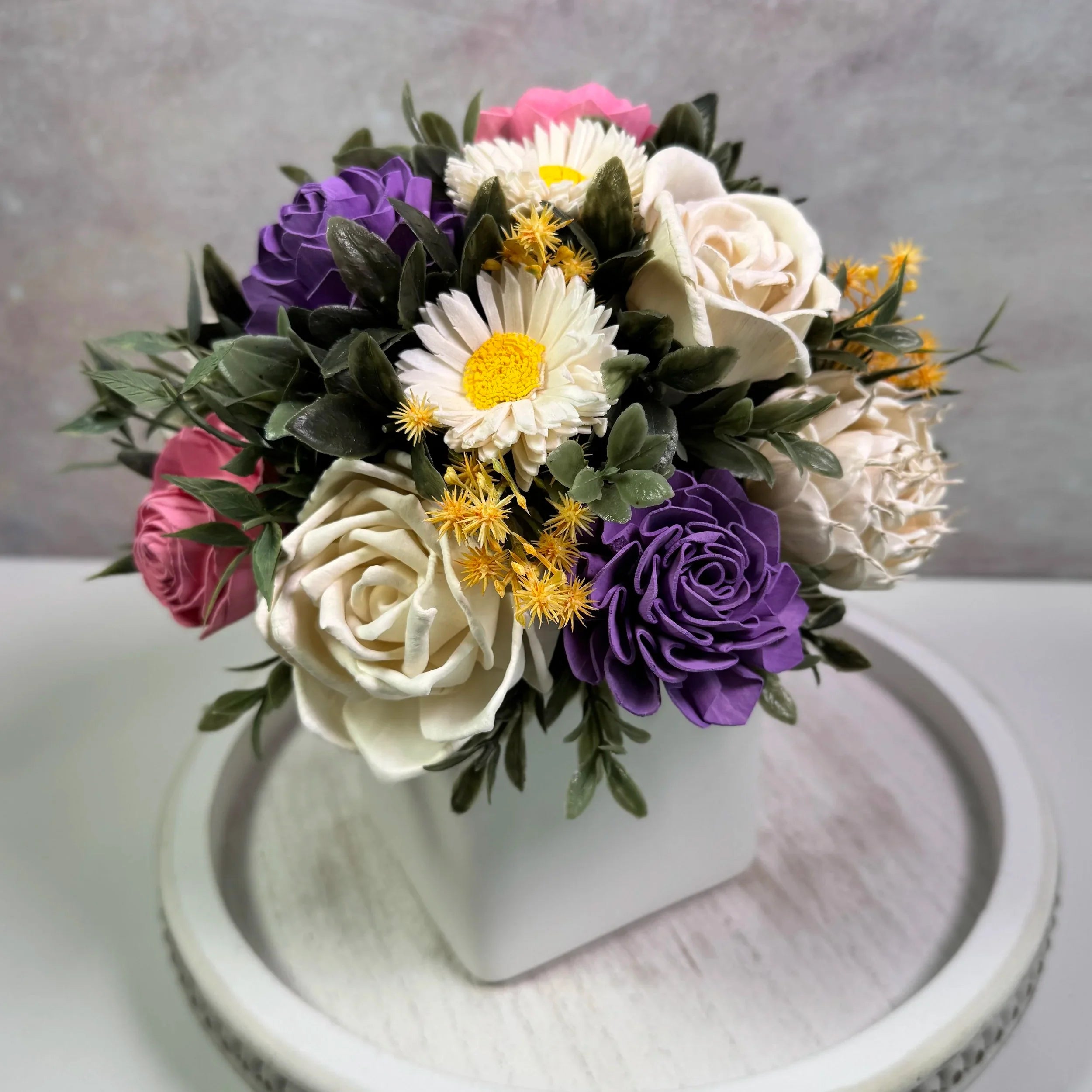 White Planter | Pink & Purple Daisy - Sola Wood Flowers | Handcrafted in Austin, TX by Sola Flower Sam