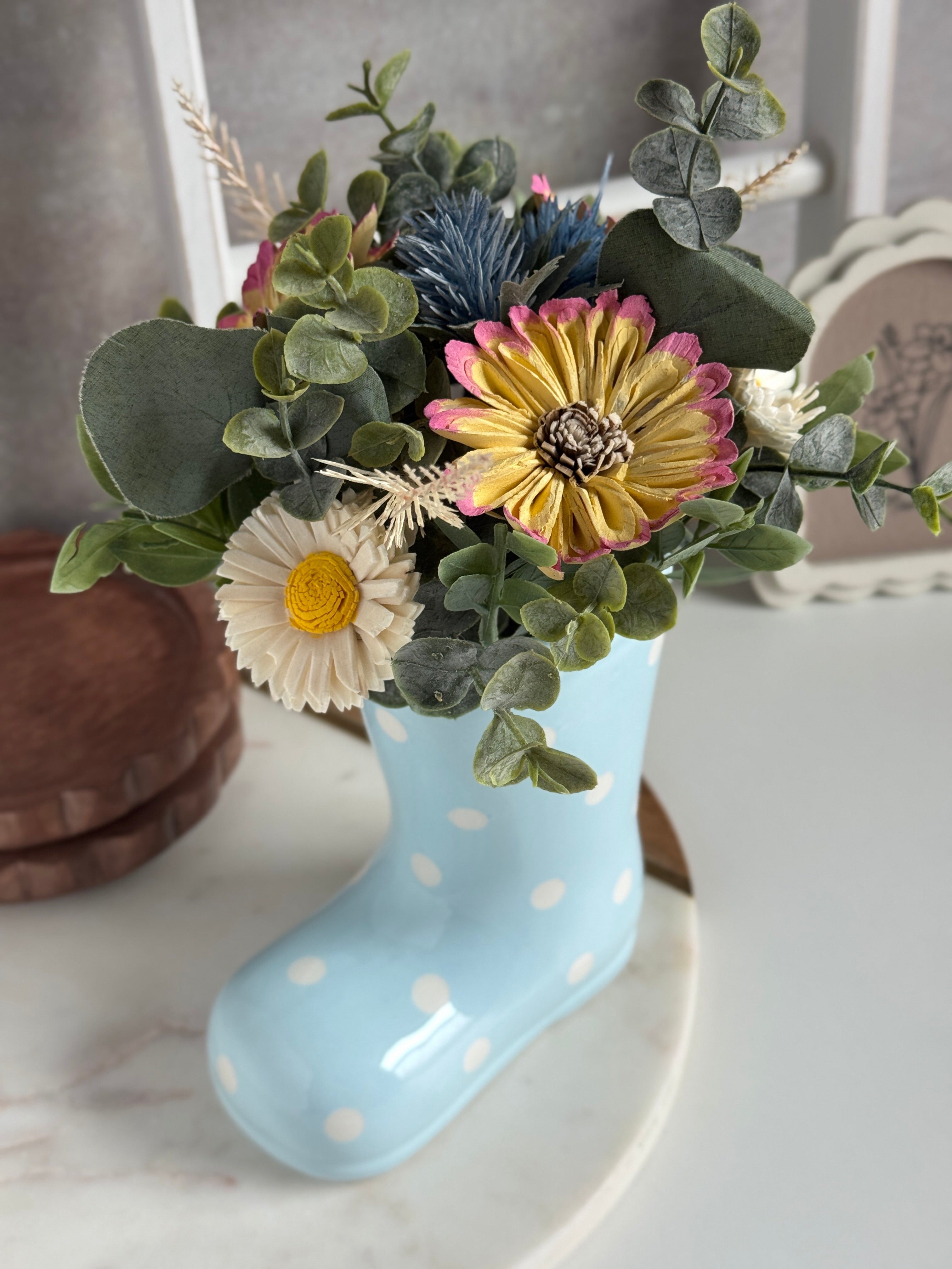 Rain Boot Vase | Blue Polka Dot - Sola Wood Flowers | Handcrafted in Austin, TX by Sola Flower Sam