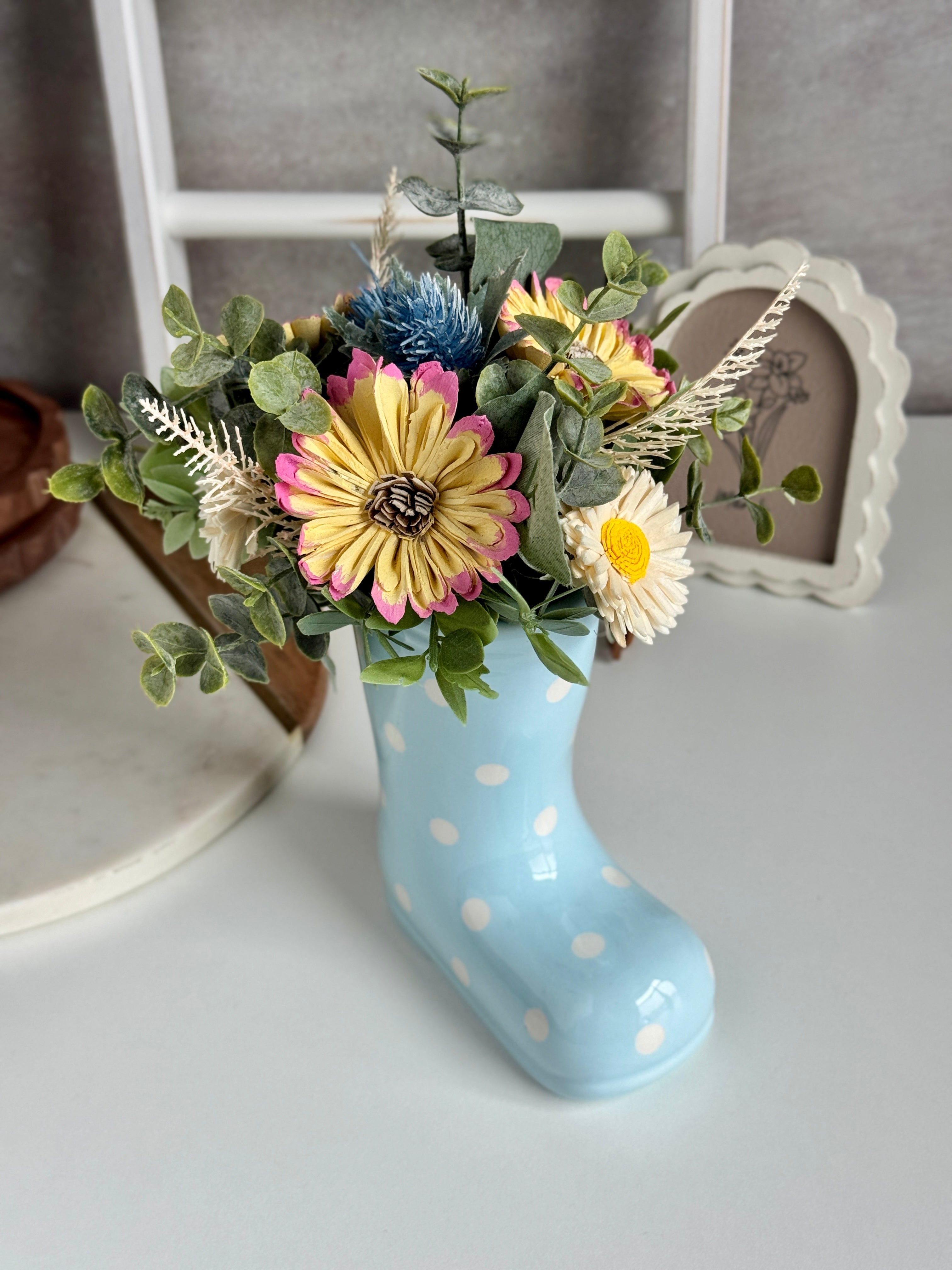 Rain Boot Vase | Blue Polka Dot - Sola Wood Flowers | Handcrafted in Austin, TX by Sola Flower Sam