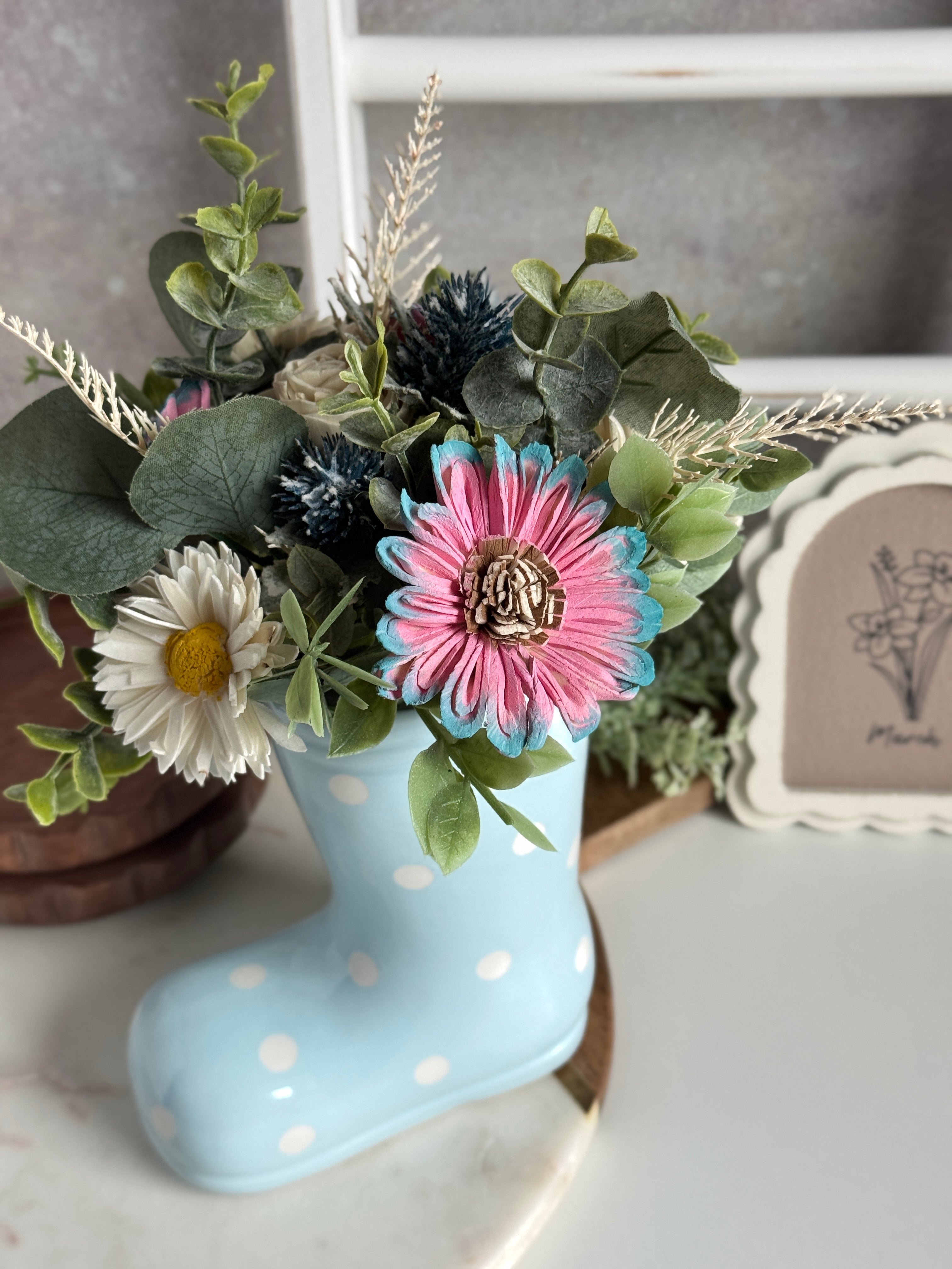 Rain Boot Vase | Light Blue & Pink - Sola Wood Flowers | Handcrafted in Austin, TX by Sola Flower Sam