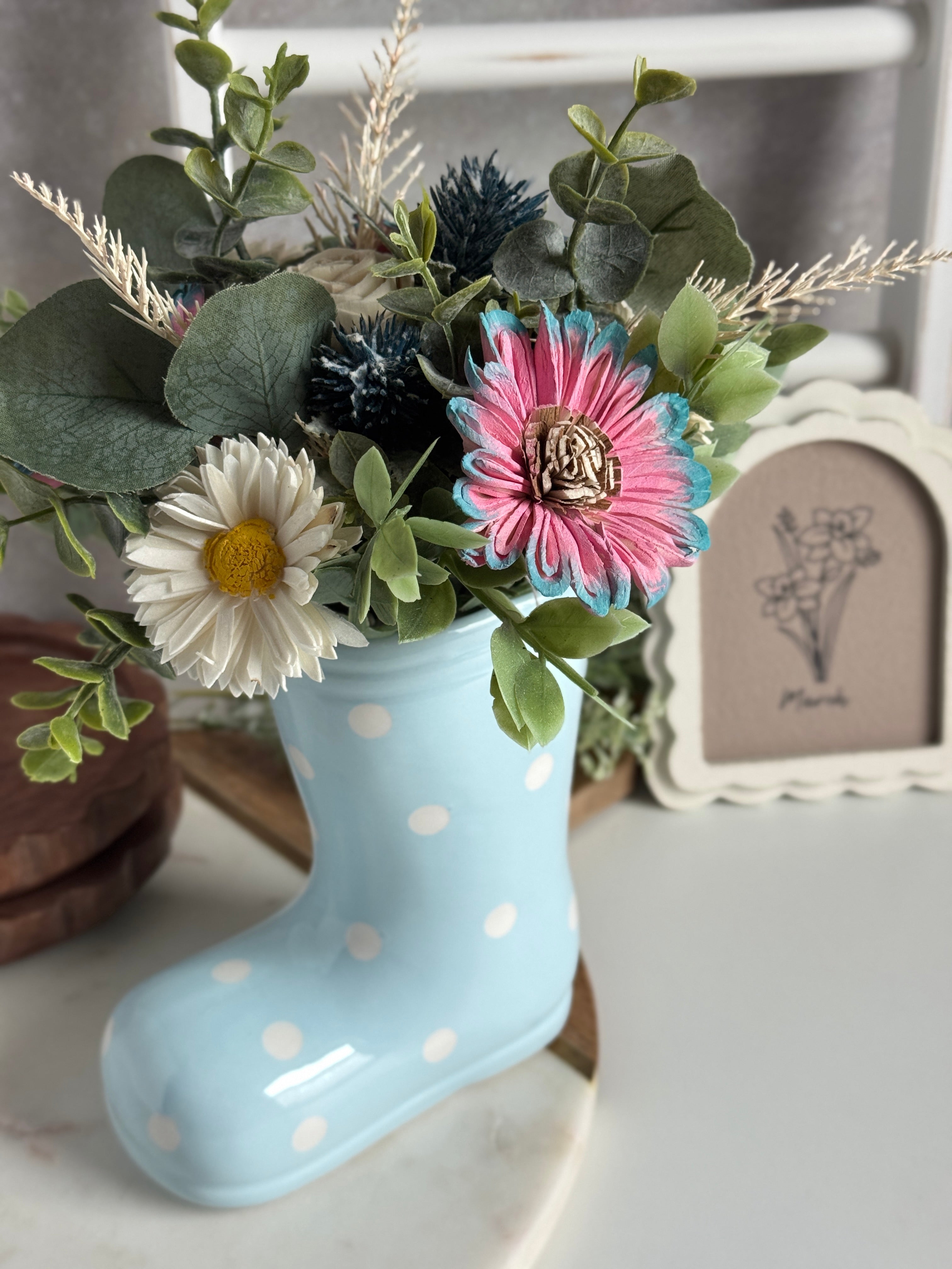 Rain Boot Vase | Light Blue & Pink - Sola Wood Flowers | Handcrafted in Austin, TX by Sola Flower Sam