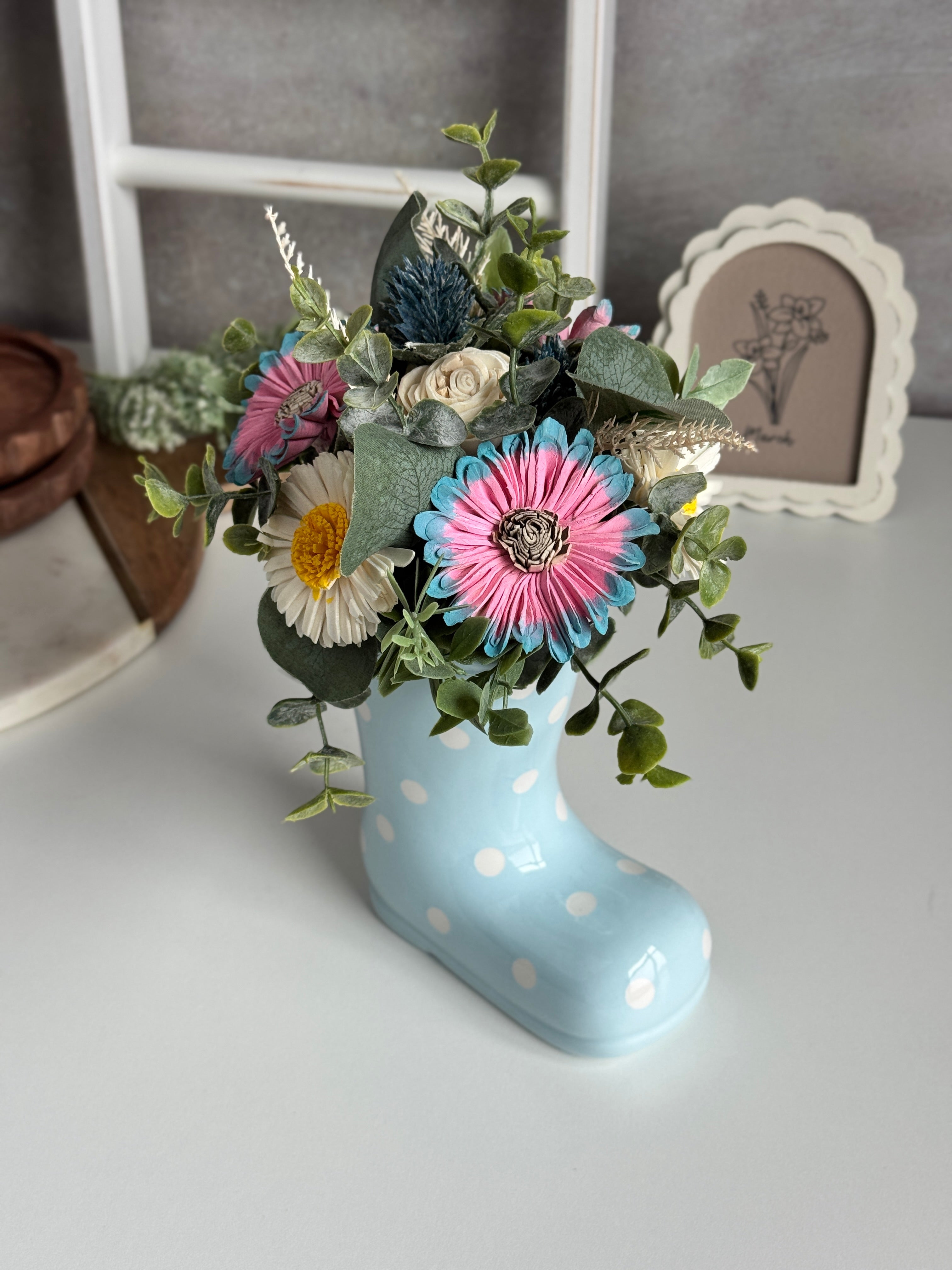 Rain Boot Vase | Light Blue & Pink - Sola Wood Flowers | Handcrafted in Austin, TX by Sola Flower Sam