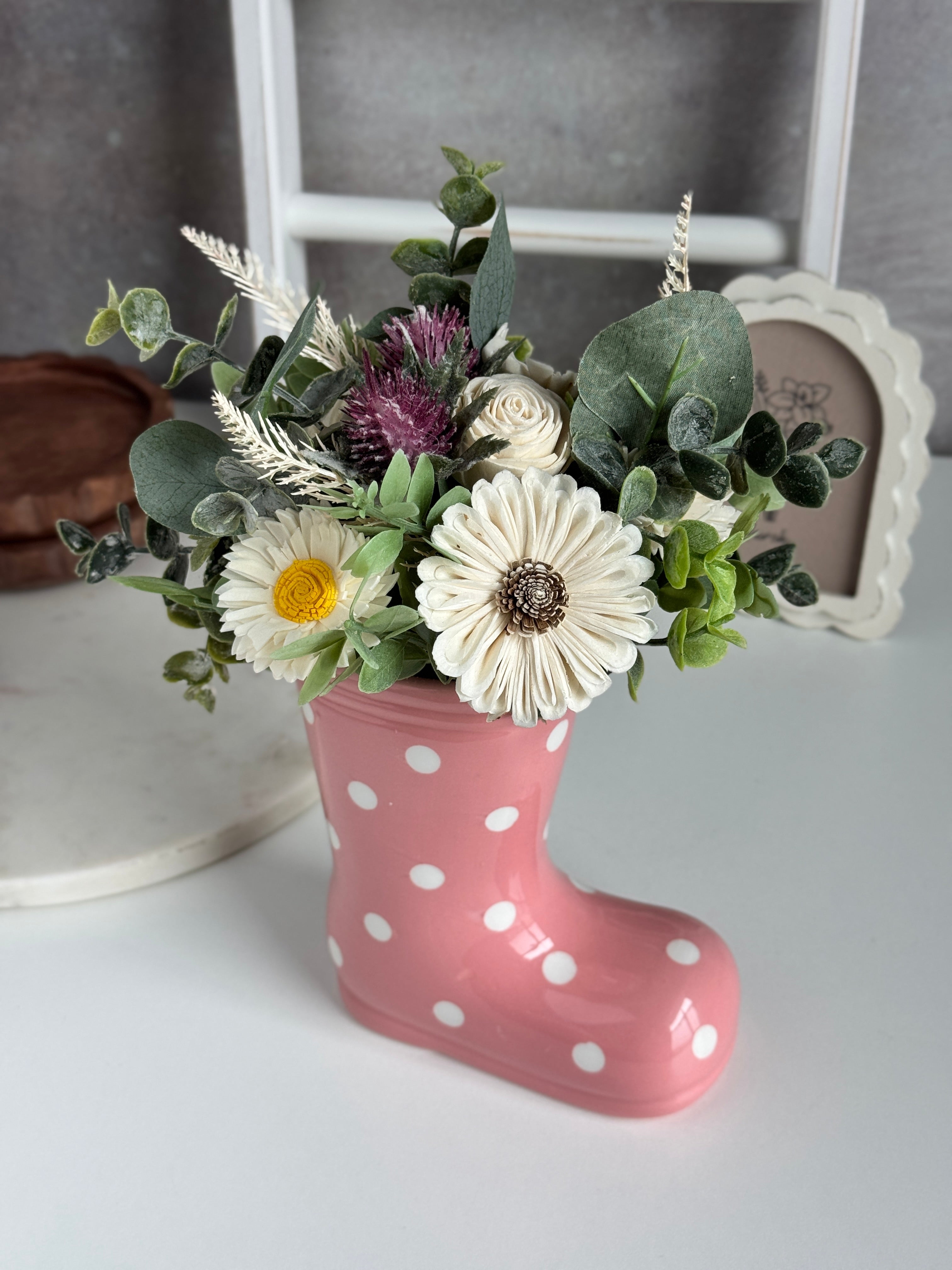 Rain Boot Vase | Pink Polka Dot - Sola Wood Flowers | Handcrafted in Austin, TX by Sola Flower Sam