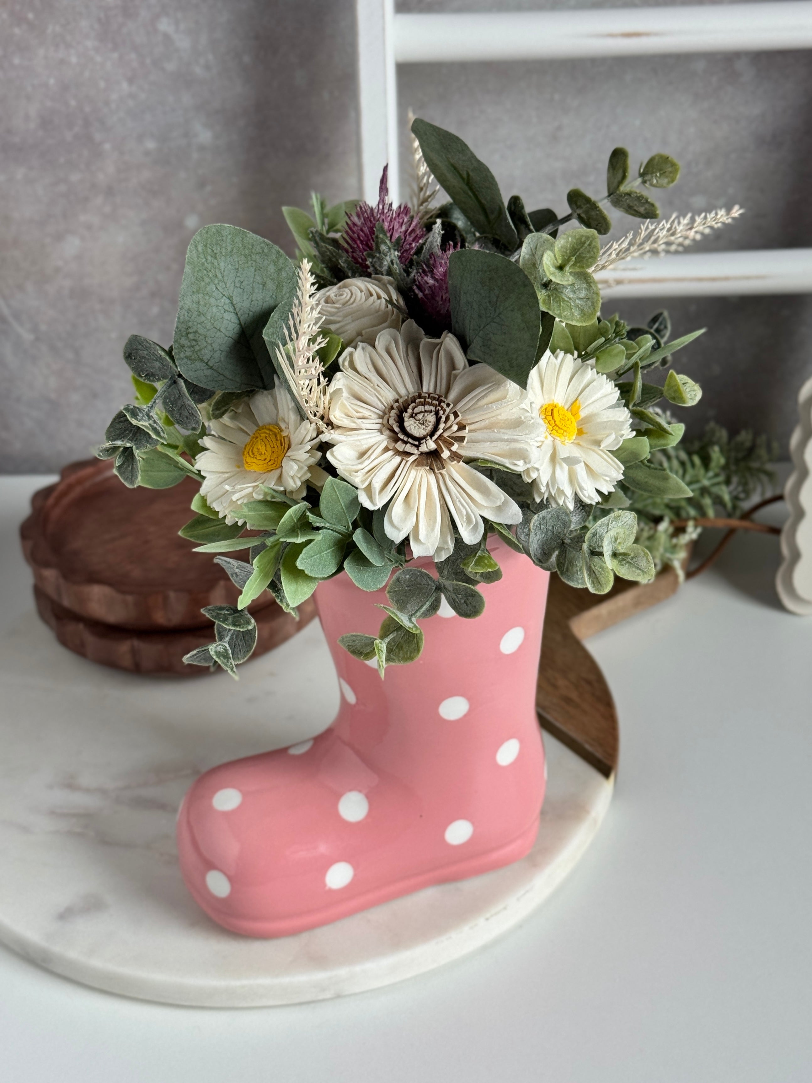 Rain Boot Vase | Pink Polka Dot - Sola Wood Flowers | Handcrafted in Austin, TX by Sola Flower Sam
