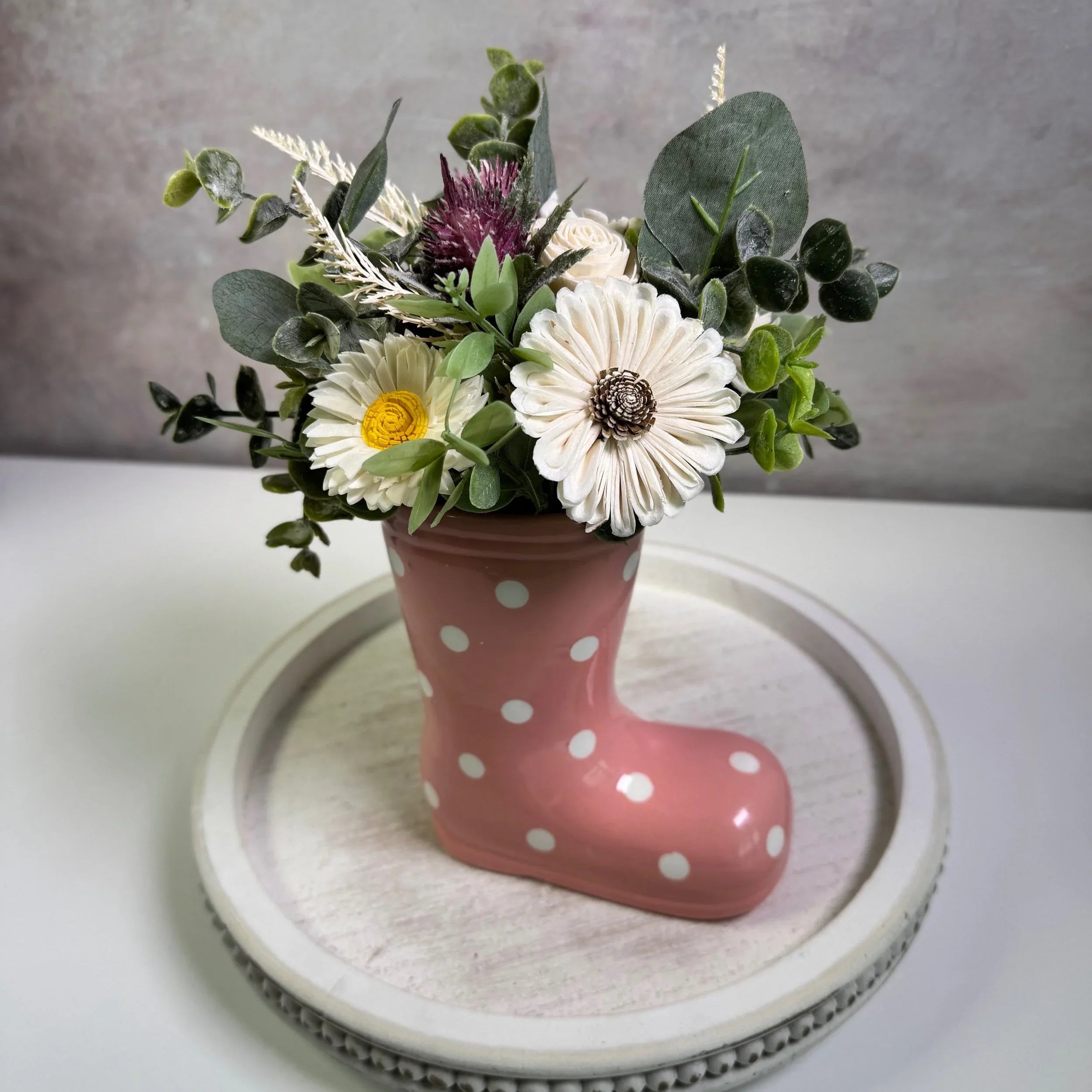 Rain Boot Vase | Pink Polka Dot - Sola Wood Flowers | Handcrafted in Austin, TX by Sola Flower Sam