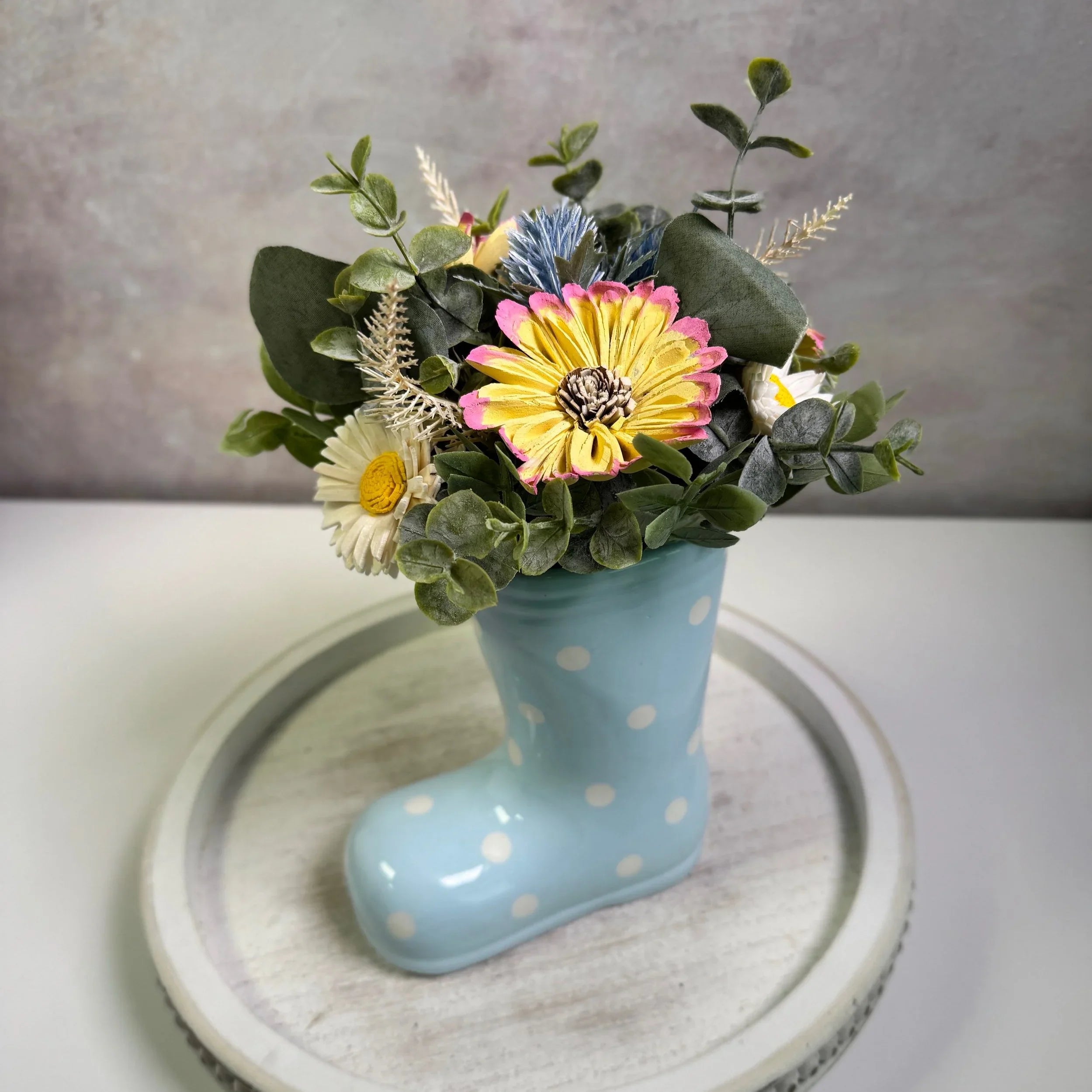 Rain Boot Vase | Blue Polka Dot - Sola Wood Flowers | Handcrafted in Austin, TX by Sola Flower Sam