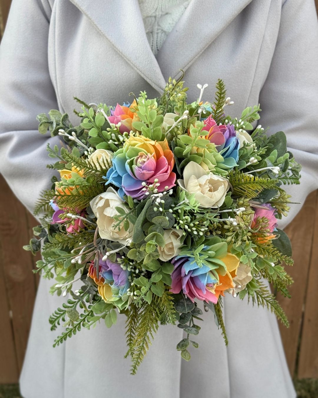 Rainbow “Lover” Bouquet & Boutonniere Set | 12in wild - round ✨ - Sola Wood Flowers | Handcrafted in Austin, TX by Sola Flower Sam