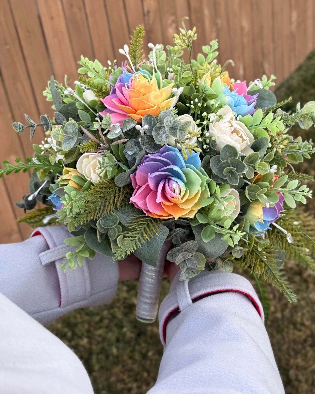 Rainbow “Lover” Bouquet & Boutonniere Set | 12in wild - round ✨ - Sola Wood Flowers | Handcrafted in Austin, TX by Sola Flower Sam