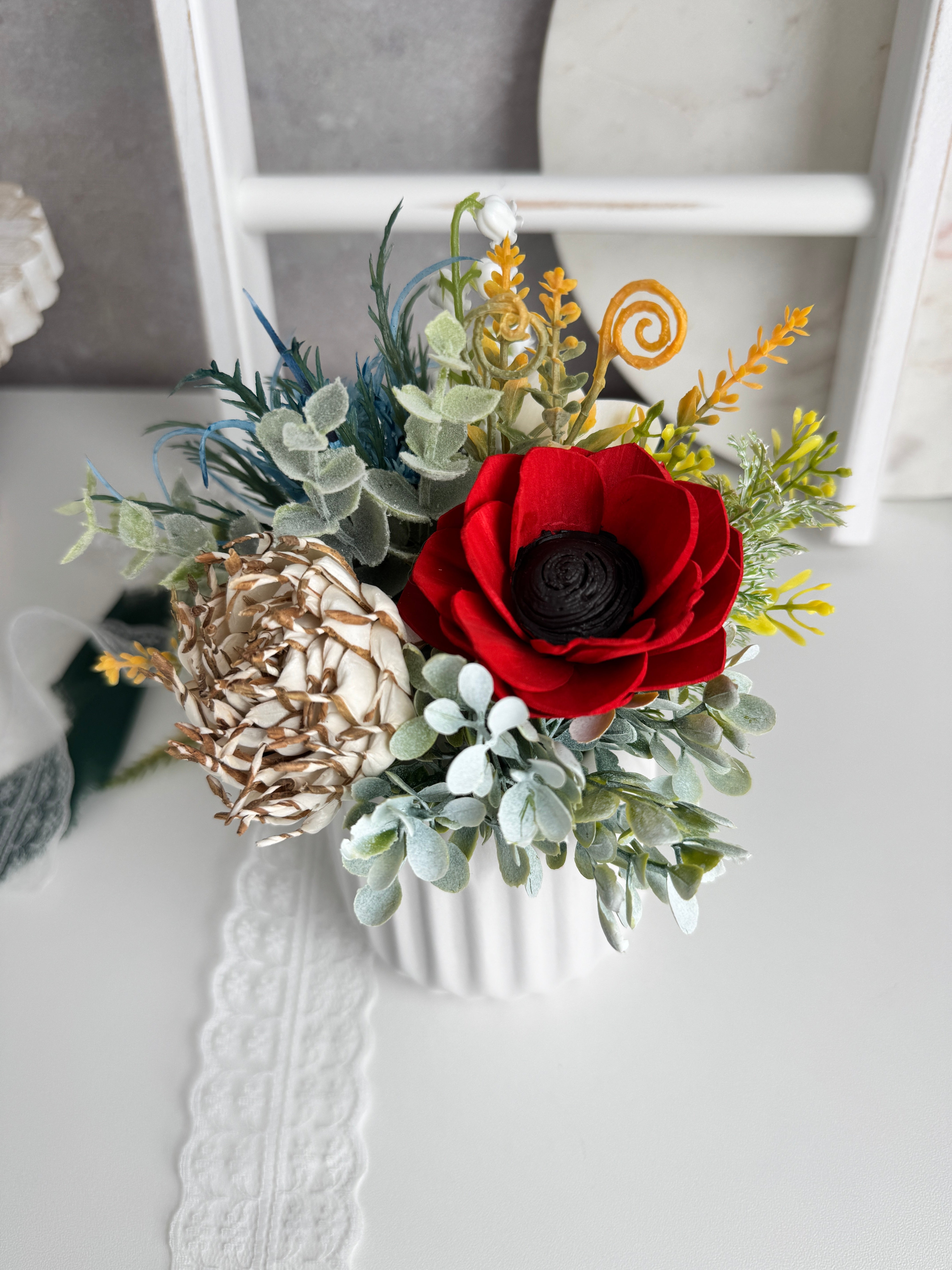 Red Poppy Sola Wood Flower Mini – White Ceramic - Sola Wood Flowers | Handcrafted in Austin, TX by Sola Flower Sam