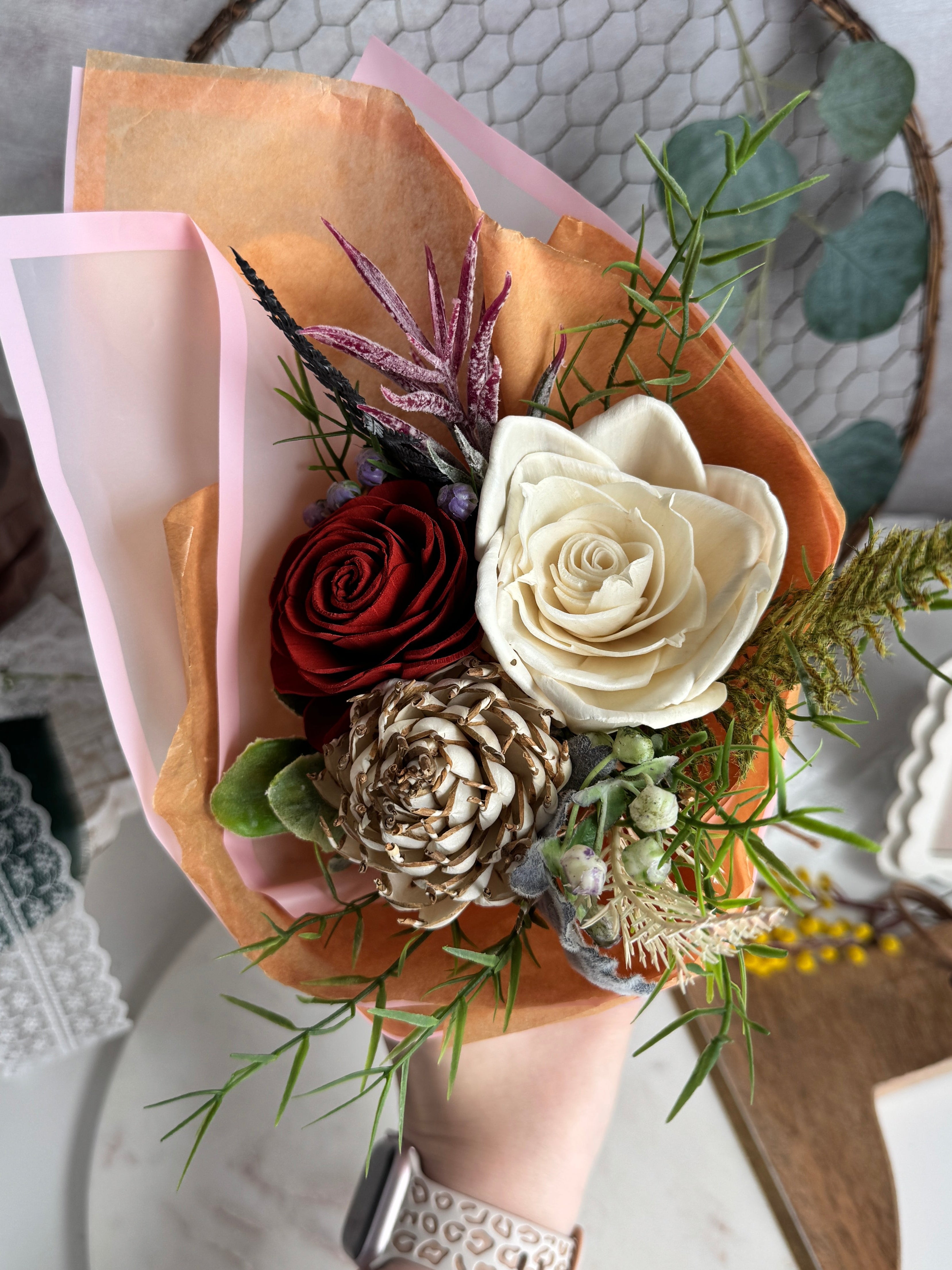 Sunflower & Rose Bouquet & Boutonniere Set - Faux Wedding