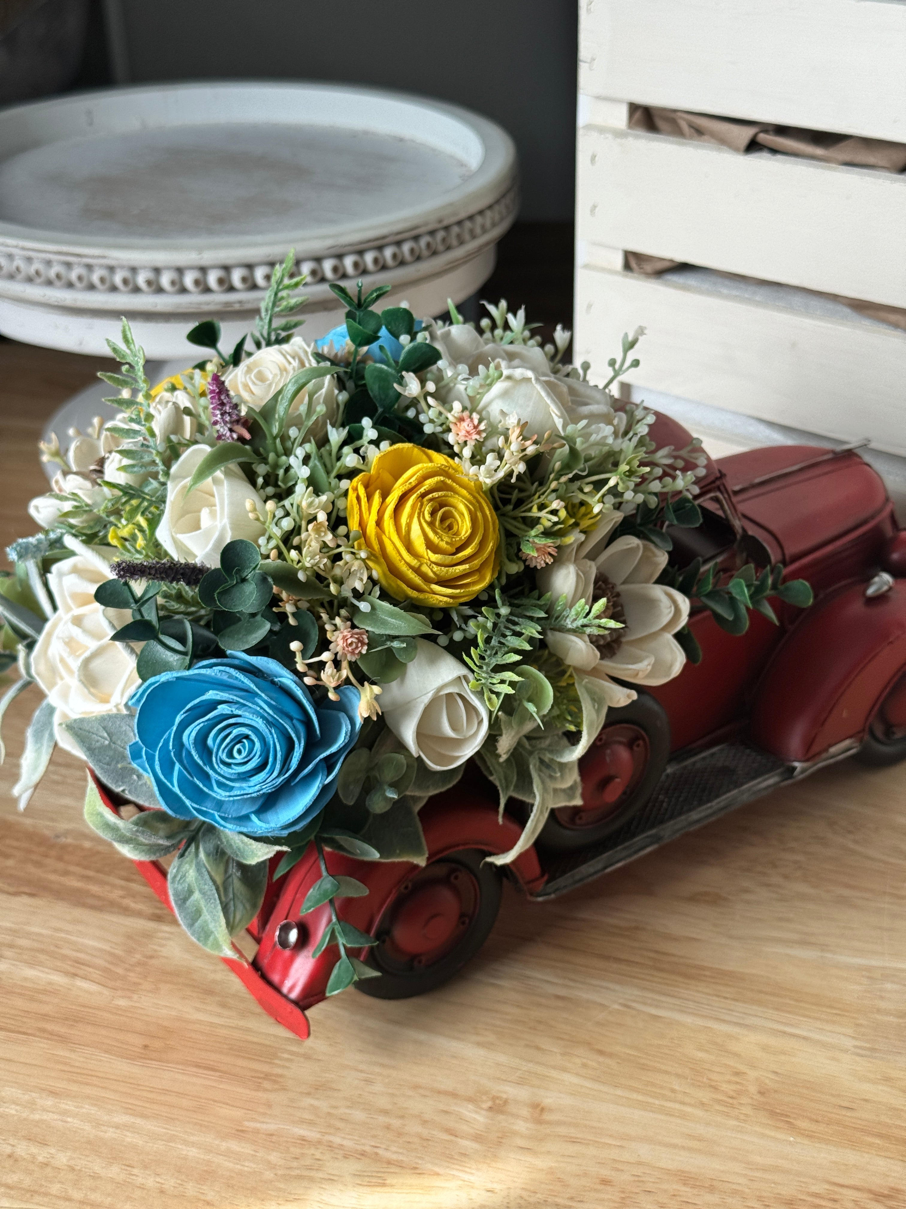 Sunburst Hauler – Red Truck Sola Wood Flower Arrangement - Sola Wood Flowers | Handcrafted in Austin, TX by Sola Flower Sam