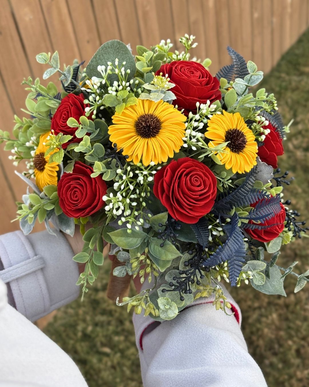Sunflower & Rose Bouquet & Boutonniere Set - Faux Wedding