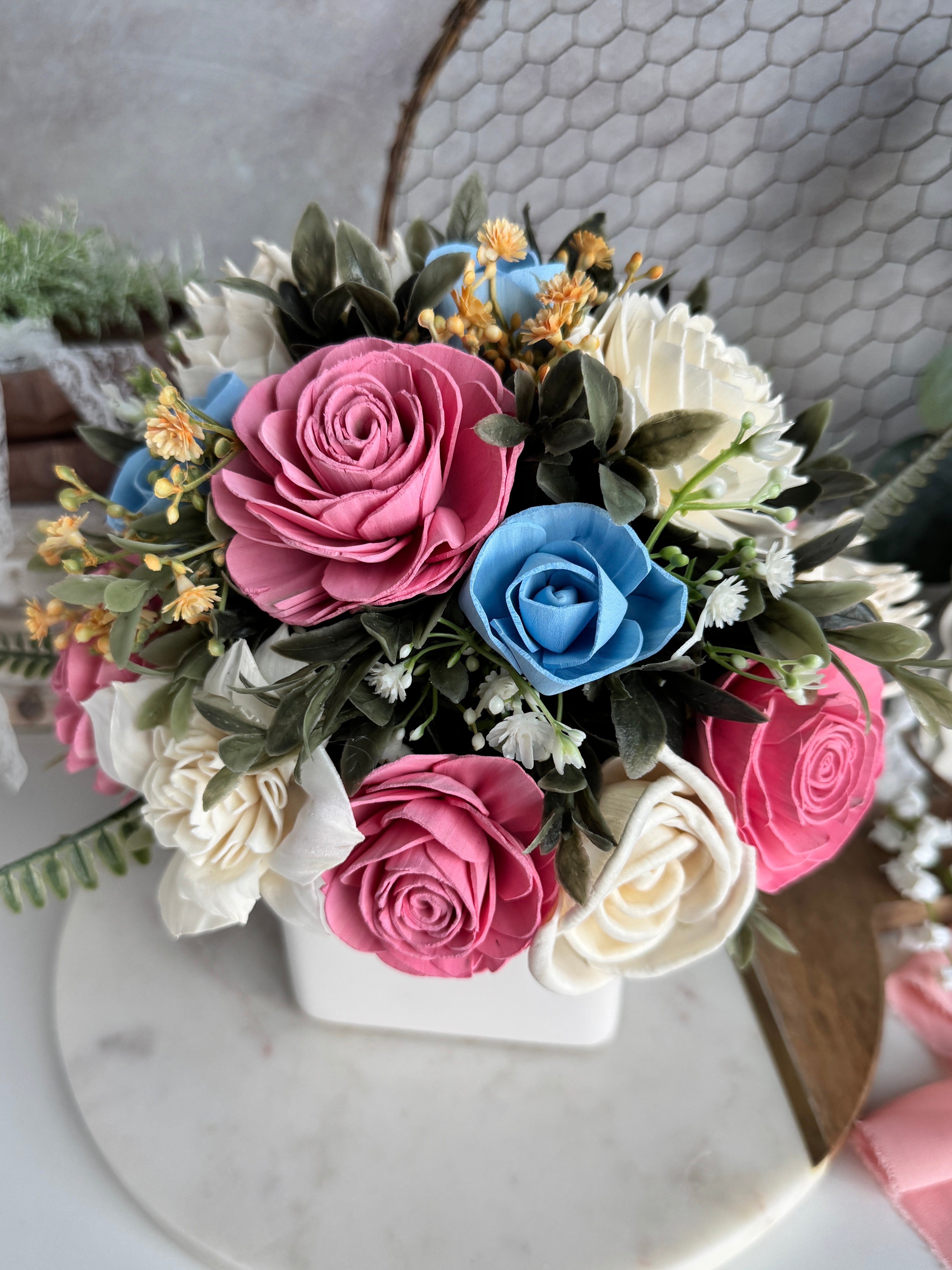 White Planter | Blue & Pink Blooms - Sola Wood Flowers | Handcrafted in Austin, TX by Sola Flower Sam