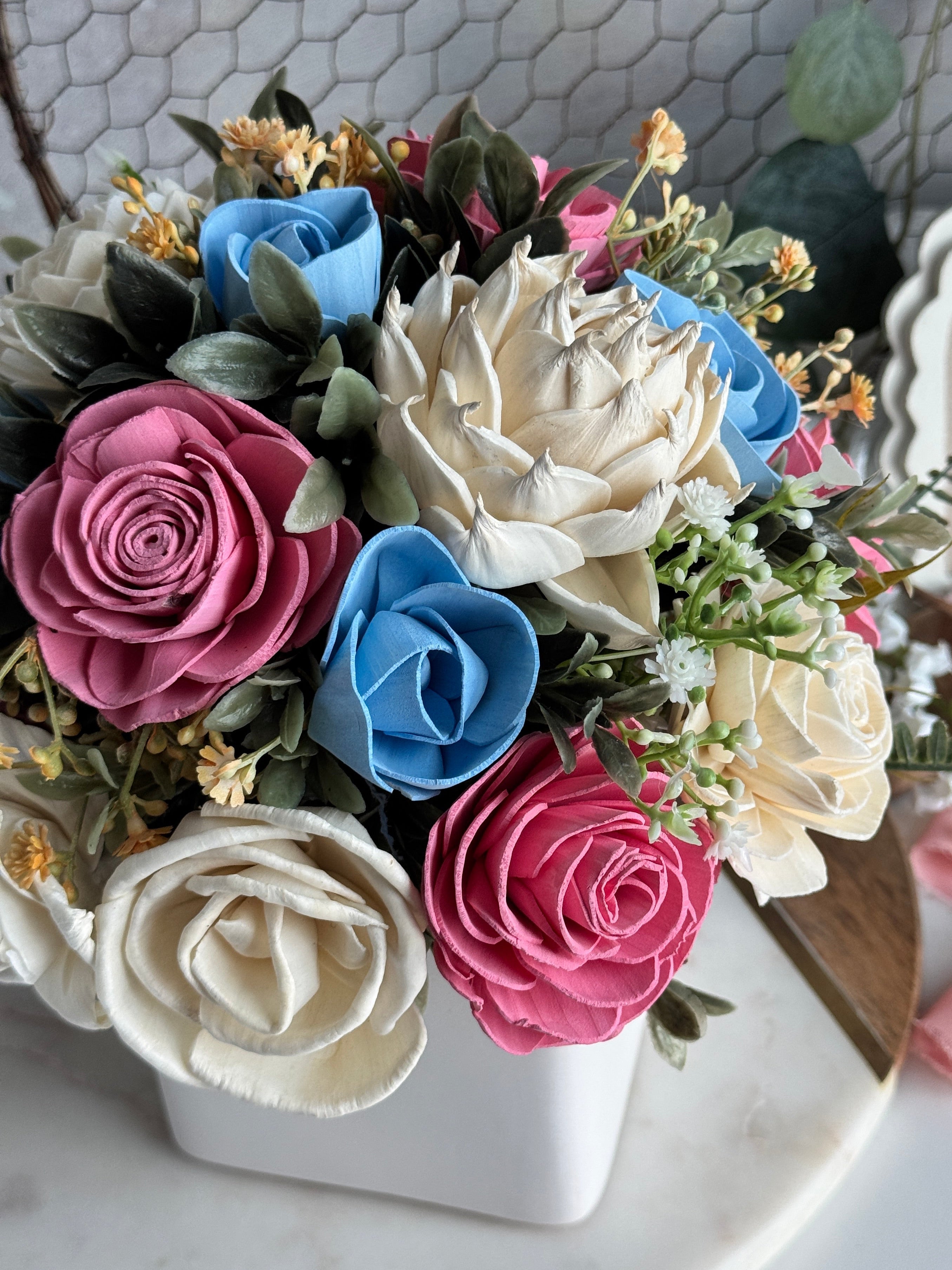 White Planter | Blue & Pink Blooms - Sola Wood Flowers | Handcrafted in Austin, TX by Sola Flower Sam