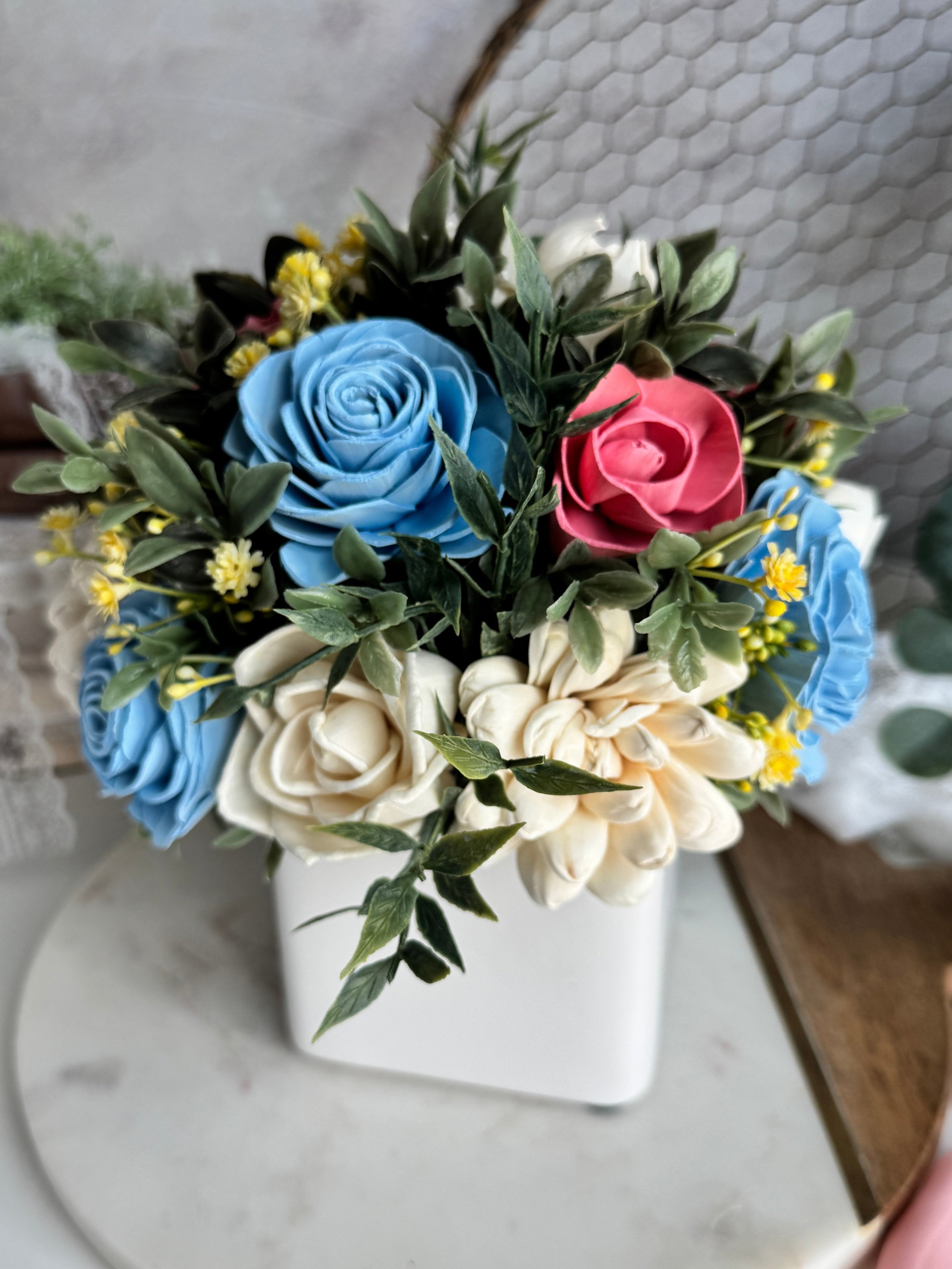 White Planter | Blues & Vanilla Pink Accents - Sola Wood Flowers | Handcrafted in Austin, TX by Sola Flower Sam