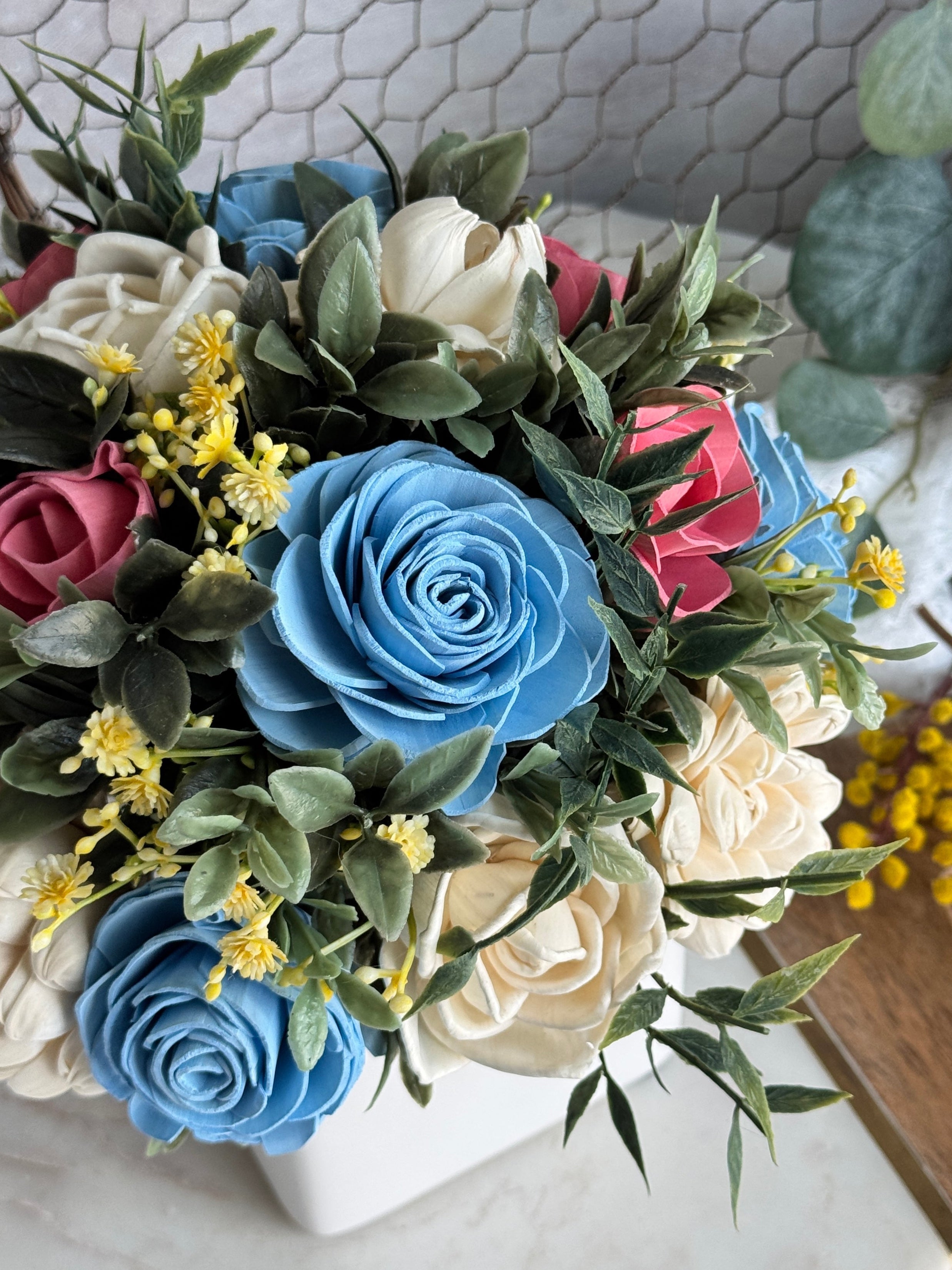 White Planter | Blues & Vanilla Pink Accents - Sola Wood Flowers | Handcrafted in Austin, TX by Sola Flower Sam