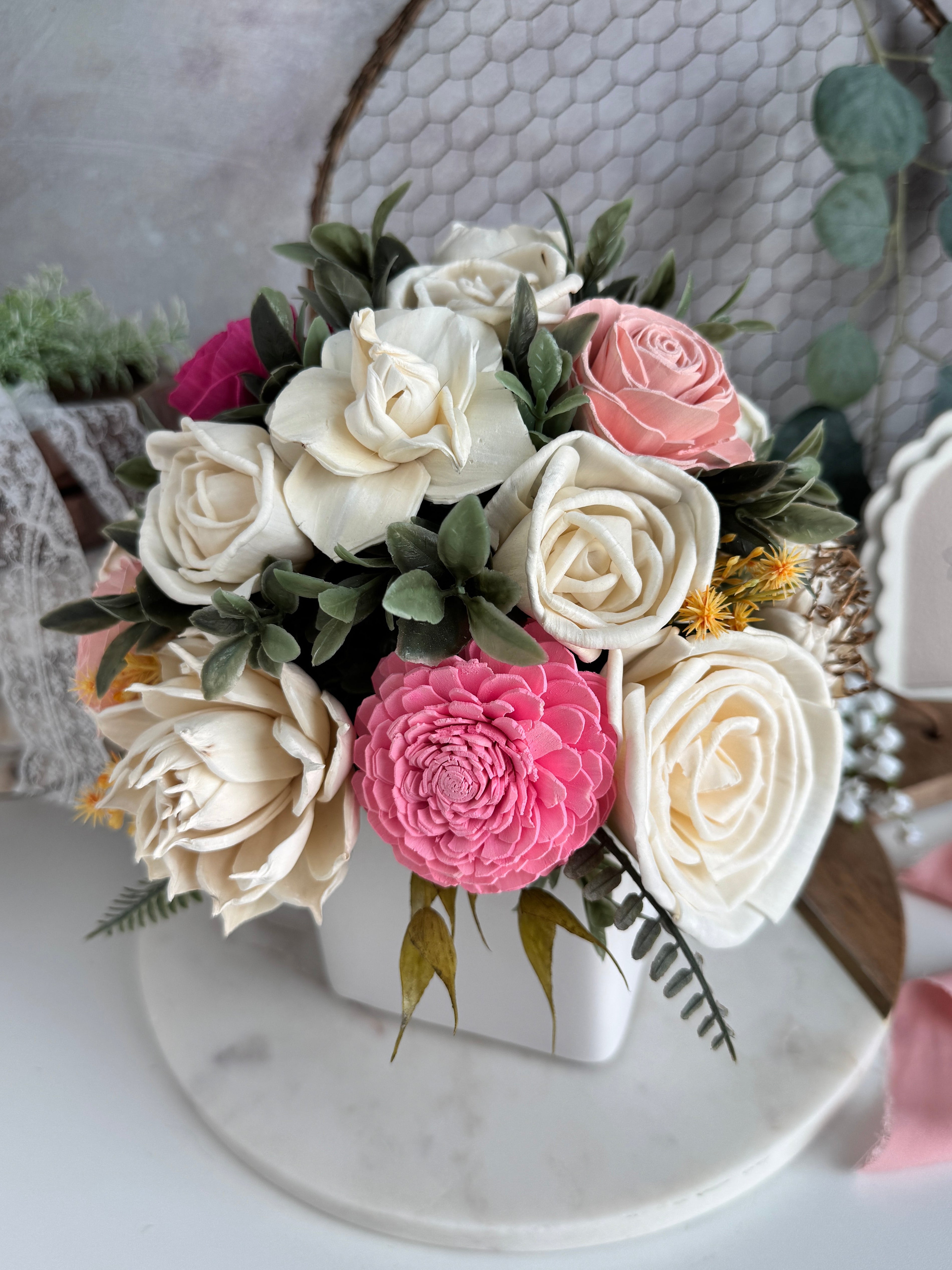 White Planter | Perfect Pink Blooms - Sola Wood Flowers | Handcrafted in Austin, TX by Sola Flower Sam