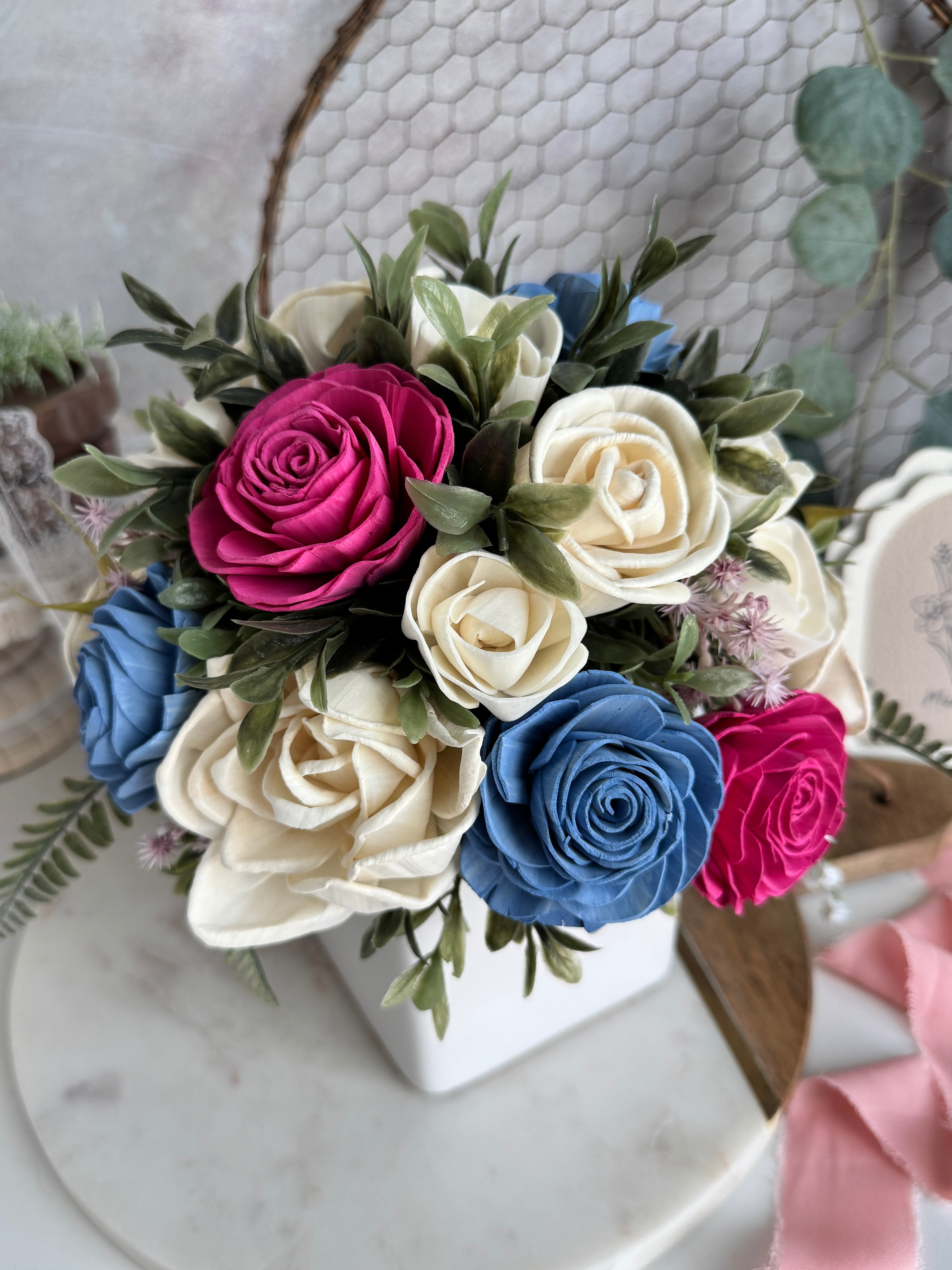 White Planter | Pink, Blue, Vanilla - Sola Wood Flowers | Handcrafted in Austin, TX by Sola Flower Sam