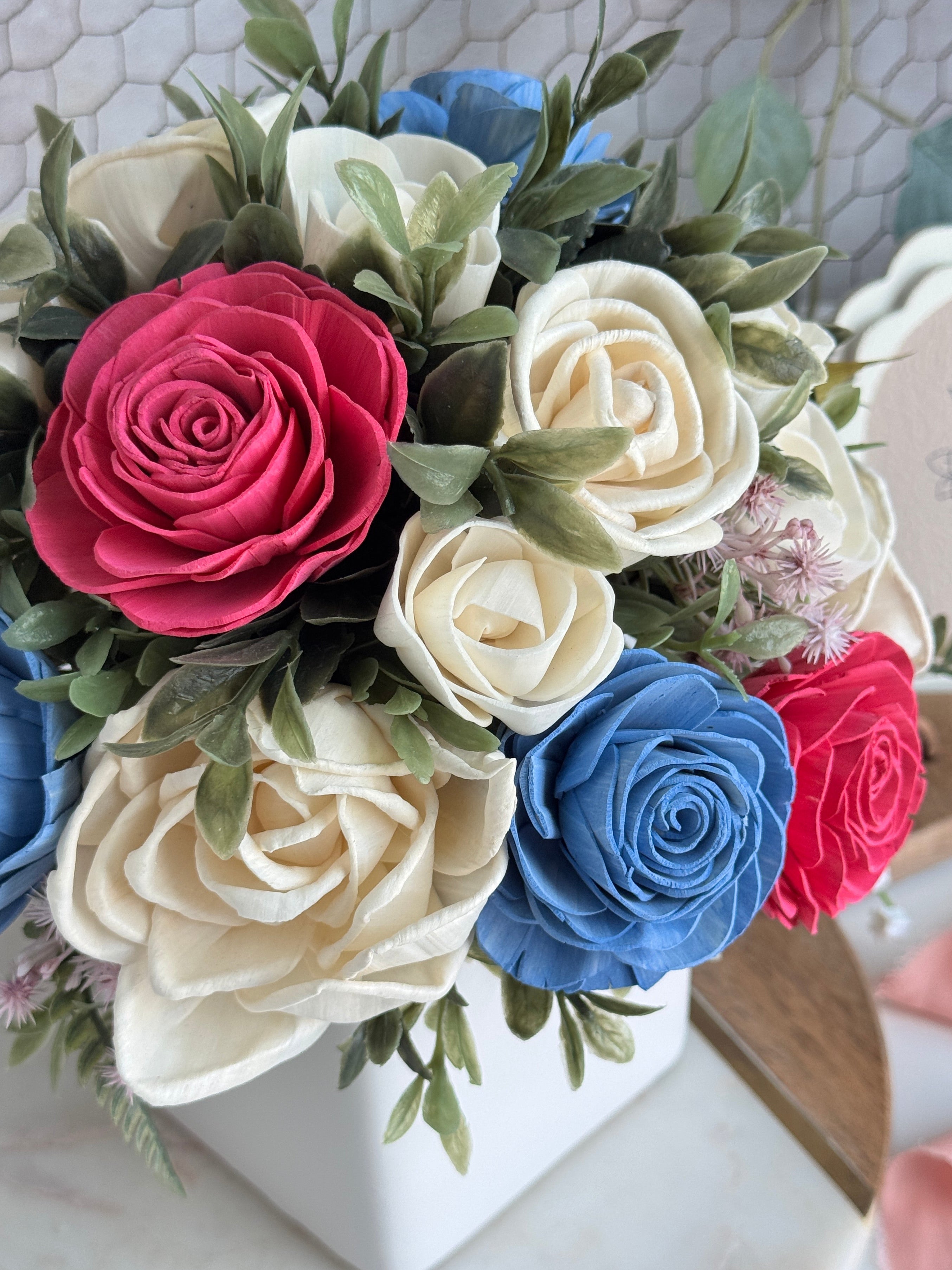 White Planter | Pink, Blue, Vanilla - Sola Wood Flowers | Handcrafted in Austin, TX by Sola Flower Sam
