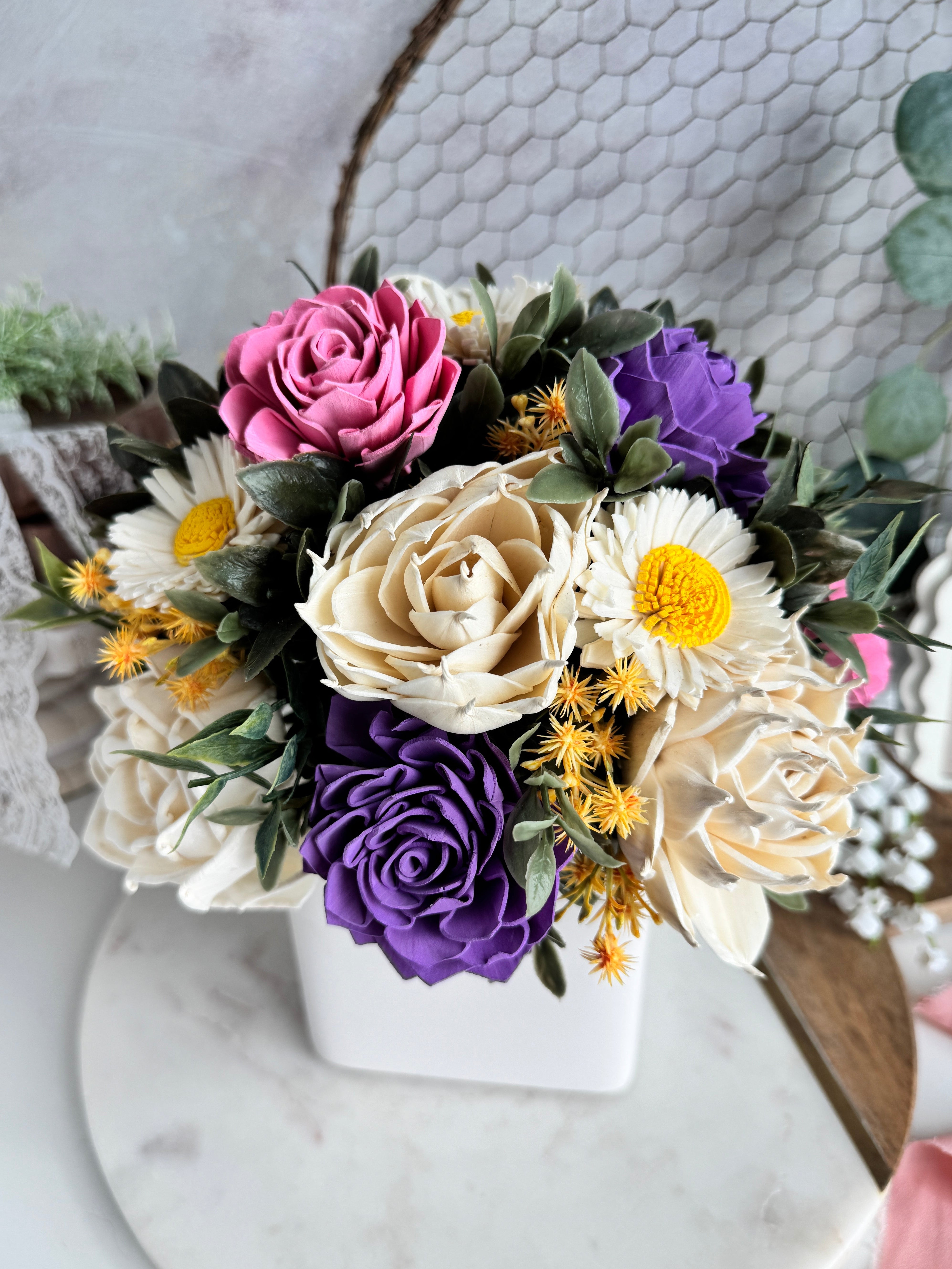 White Planter | Pink & Purple Daisy - Sola Wood Flowers | Handcrafted in Austin, TX by Sola Flower Sam