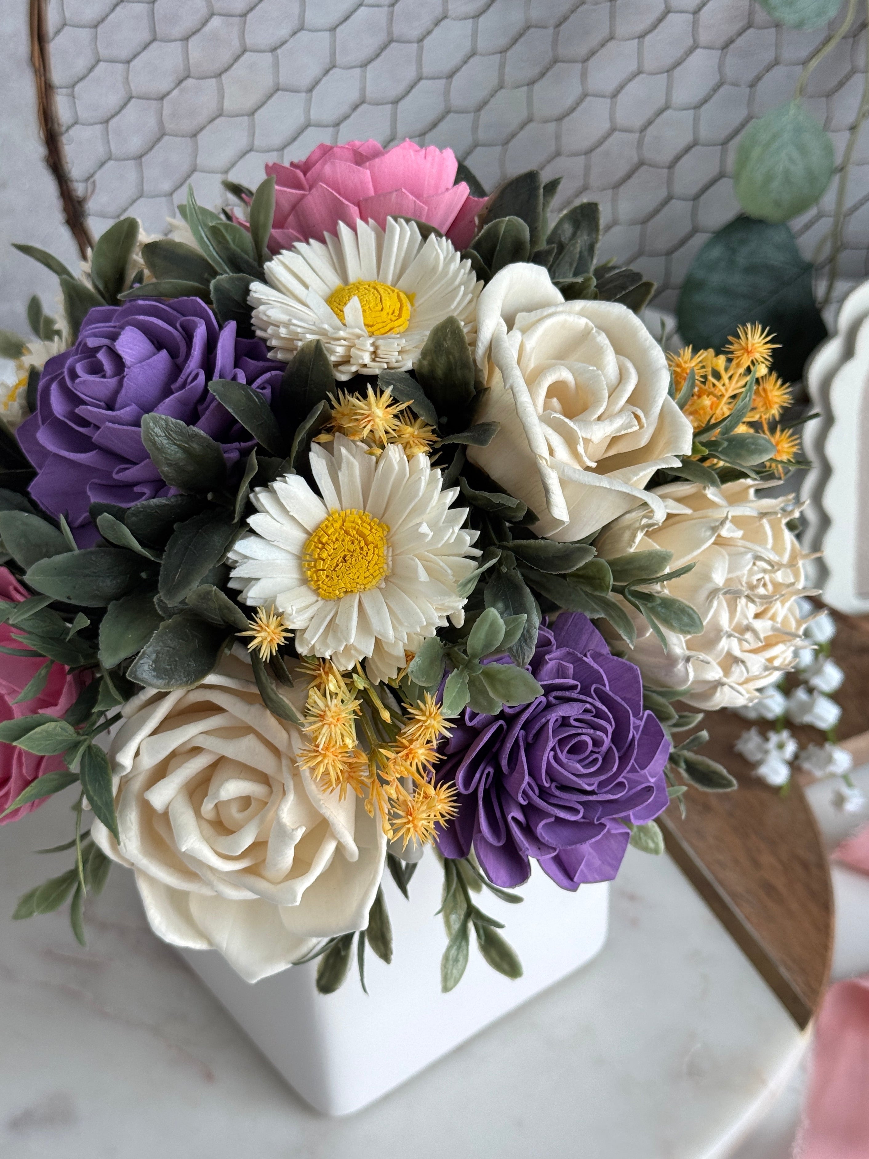 White Planter | Pink & Purple Daisy - Sola Wood Flowers | Handcrafted in Austin, TX by Sola Flower Sam