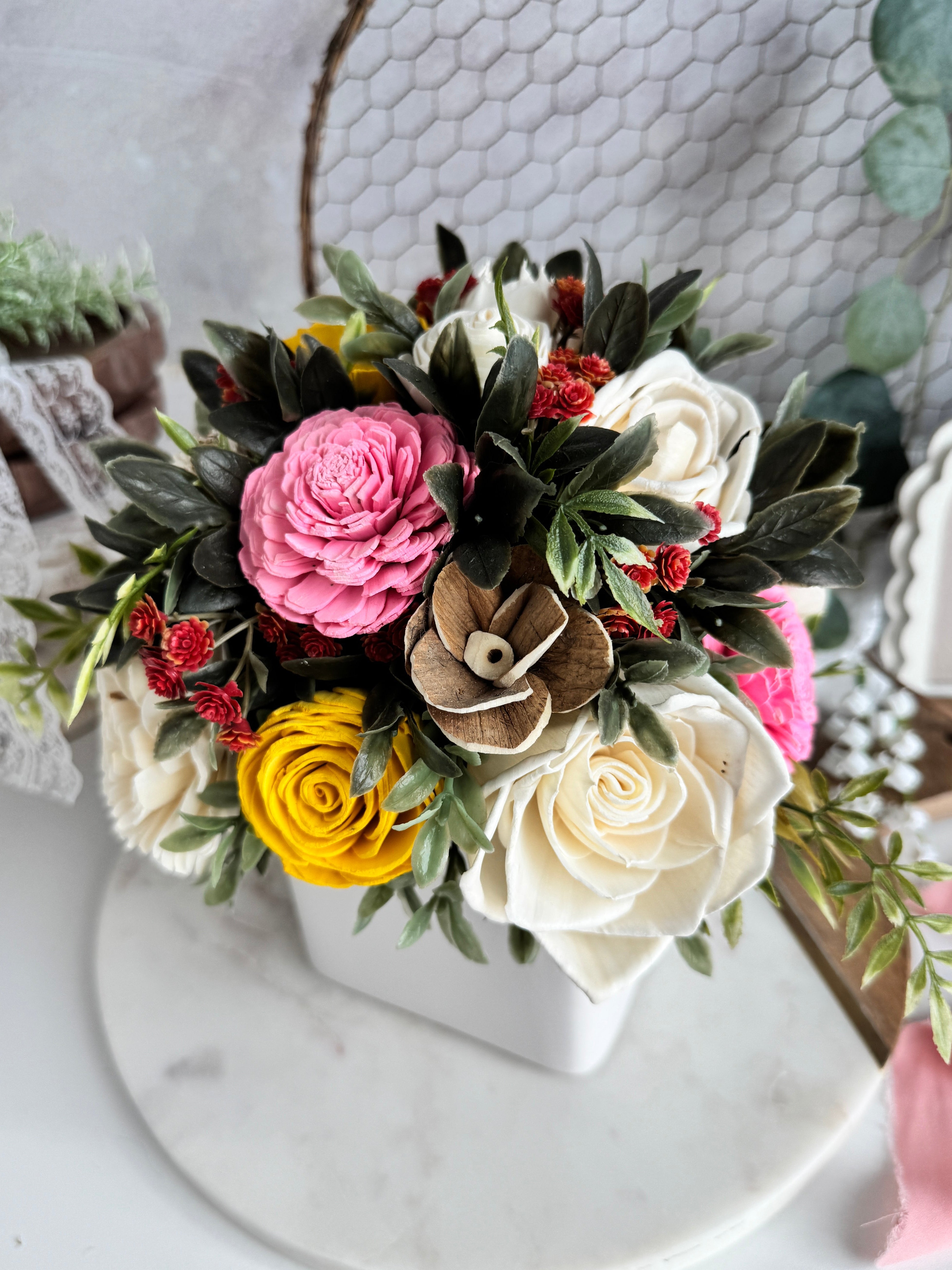 White Planter | Pink & Yellow Rose - Sola Wood Flowers | Handcrafted in Austin, TX by Sola Flower Sam