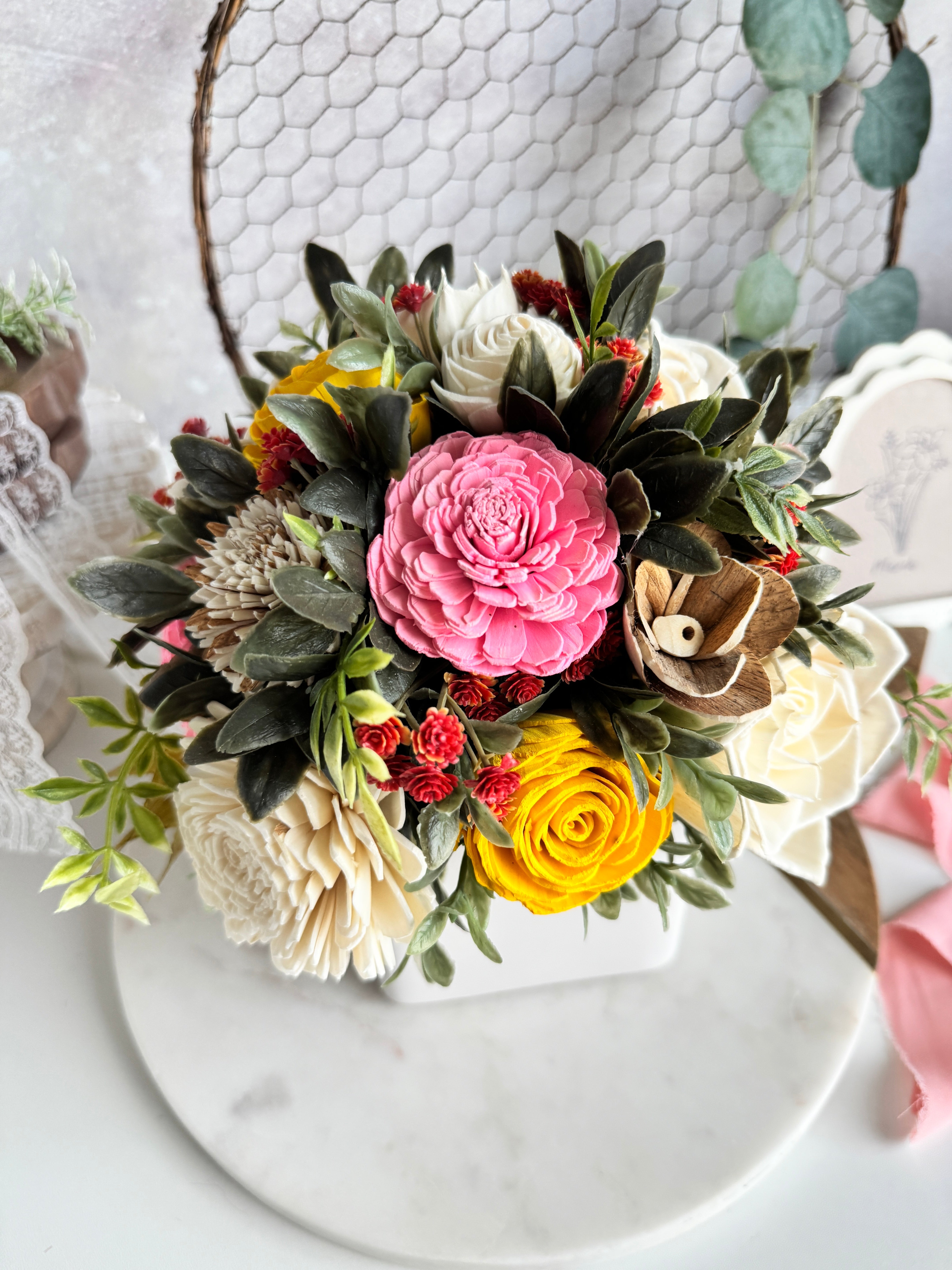 White Planter | Pink & Yellow Rose - Sola Wood Flowers | Handcrafted in Austin, TX by Sola Flower Sam