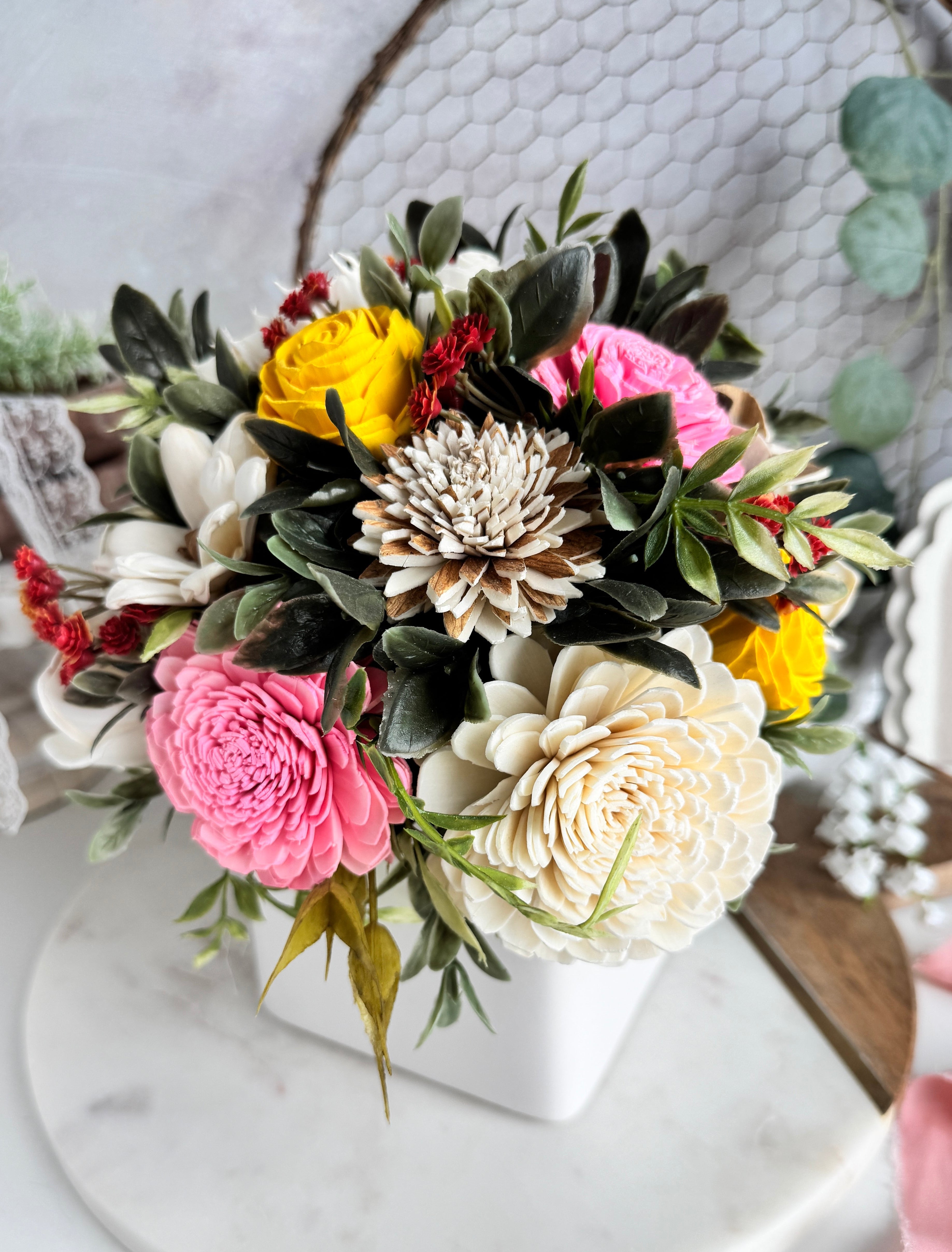 White Planter | Pink & Yellow Rose - Sola Wood Flowers | Handcrafted in Austin, TX by Sola Flower Sam