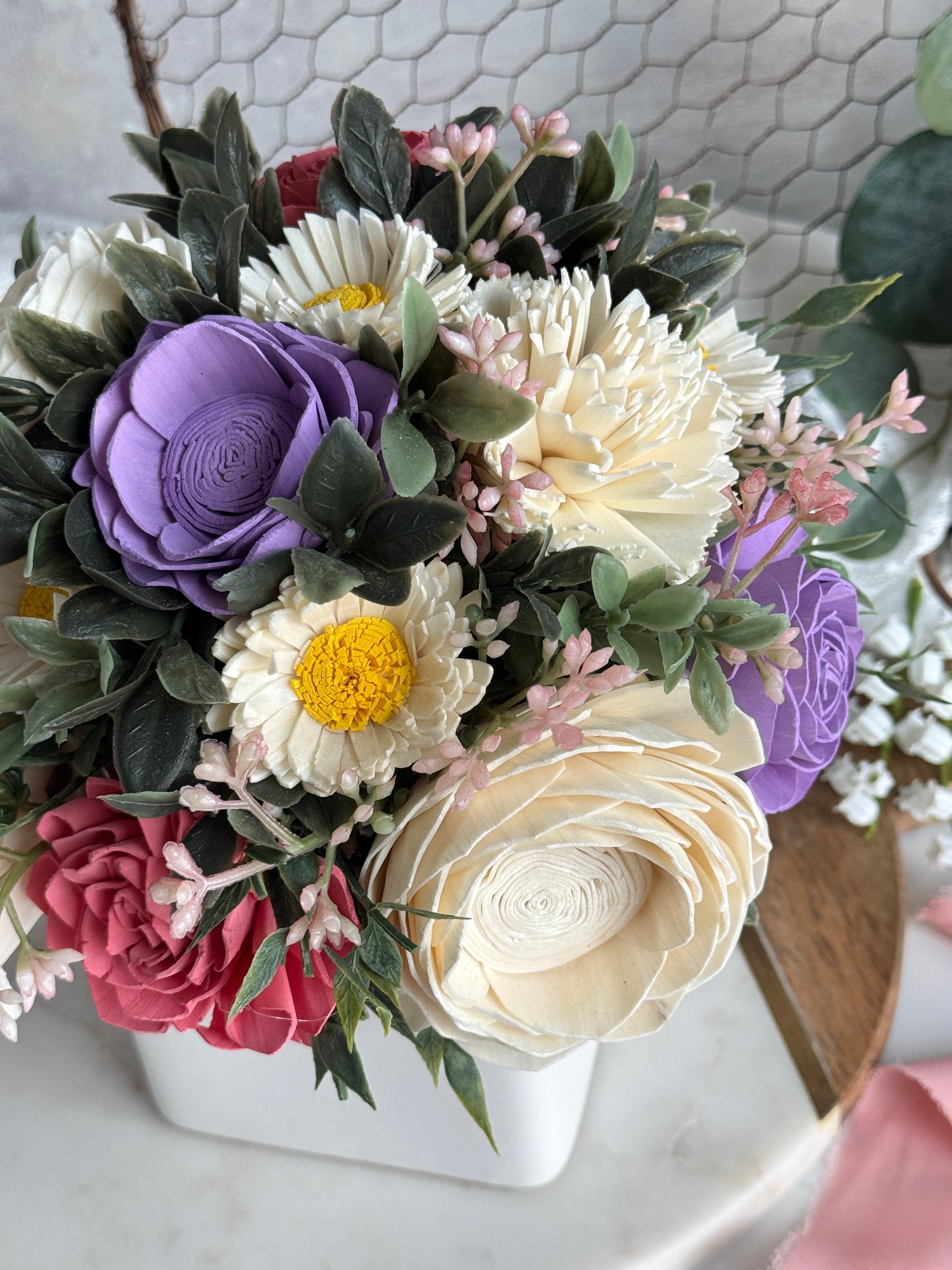 White Planter | Purple & Blush Pink - Sola Wood Flowers | Handcrafted in Austin, TX by Sola Flower Sam