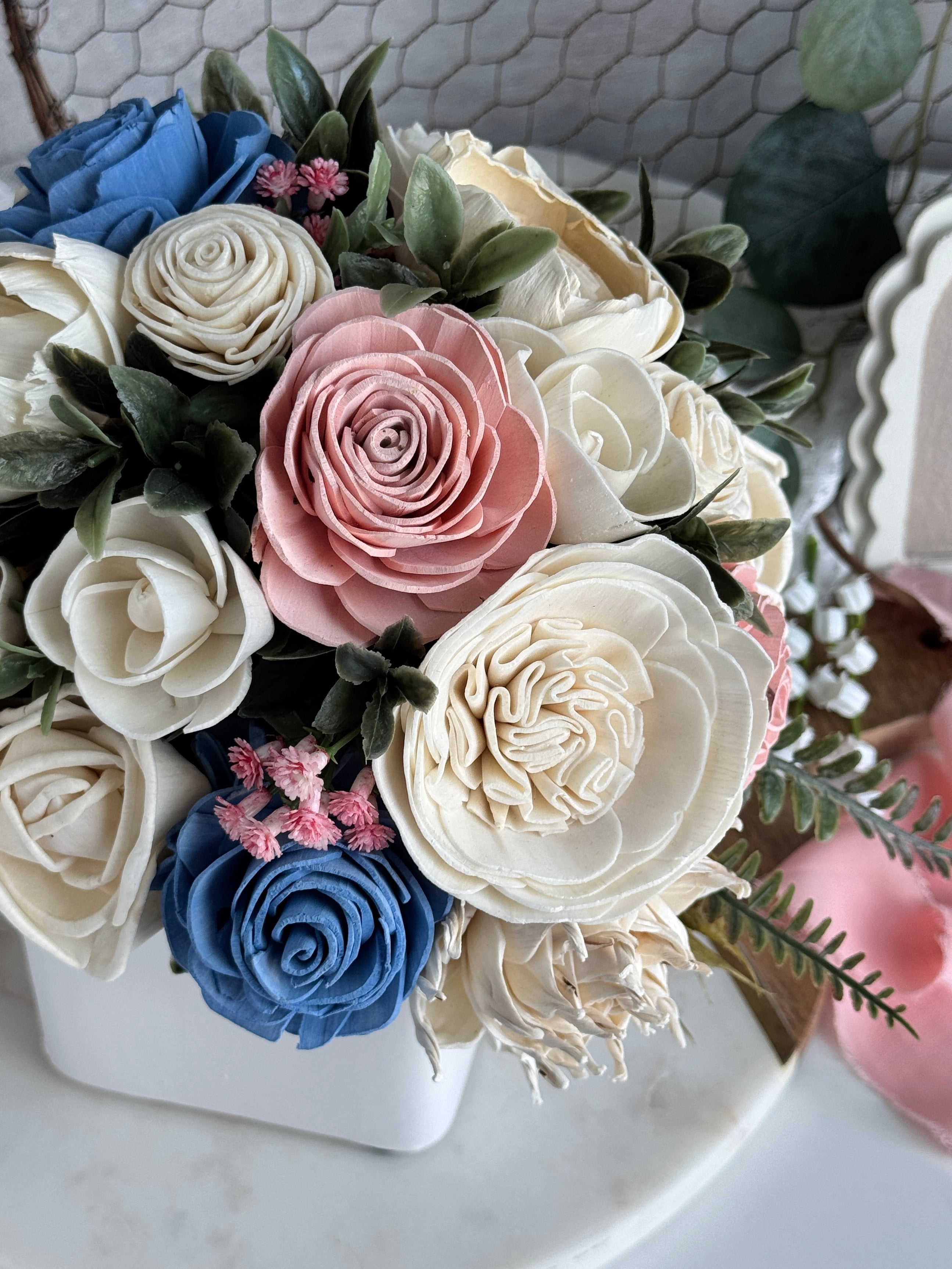 White Planter | Vanilla Blue w/ Pink - Sola Wood Flowers | Handcrafted in Austin, TX by Sola Flower Sam