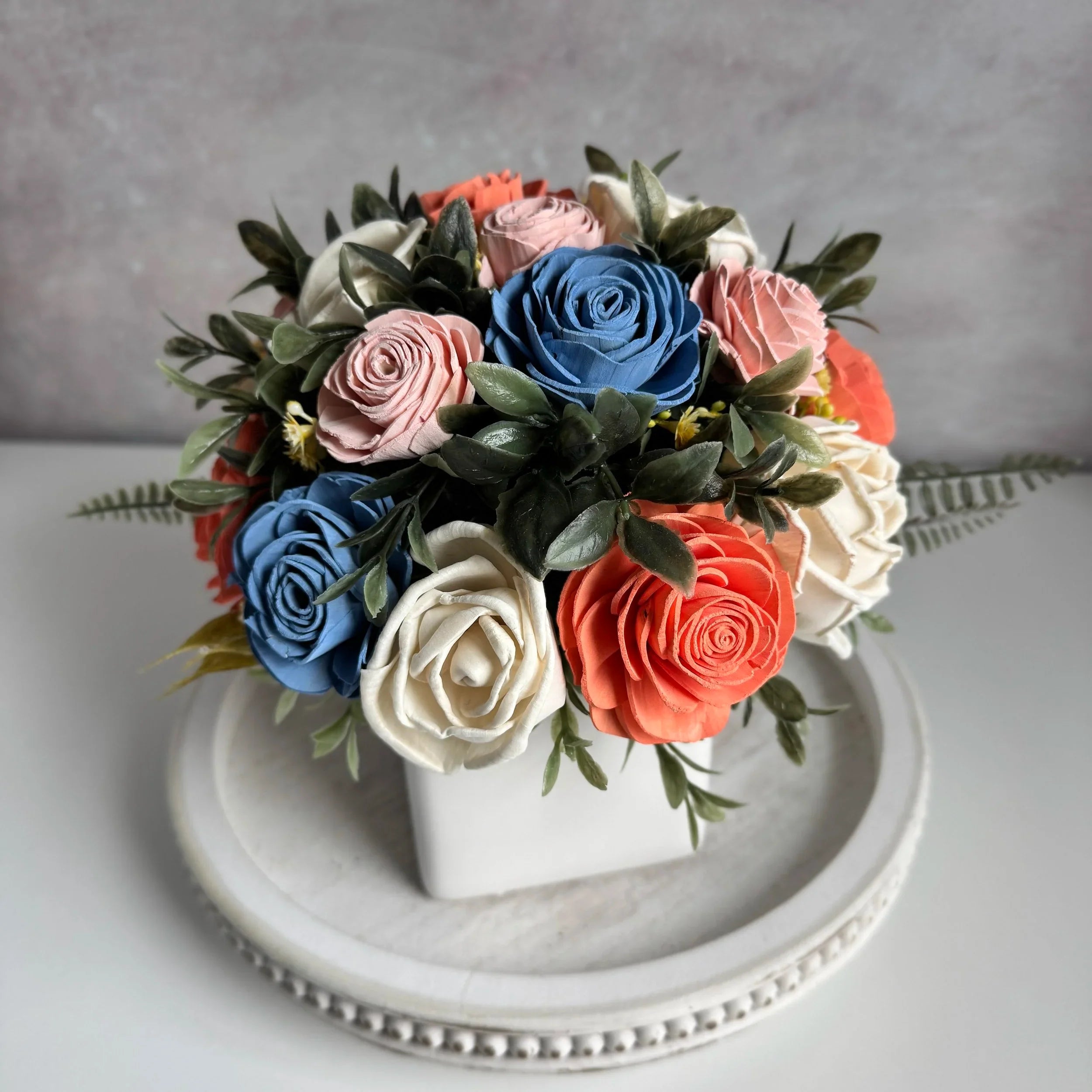 White Planter | Peach, Dusty Blue, and Pinks - Sola Wood Flowers | Handcrafted in Austin, TX by Sola Flower Sam