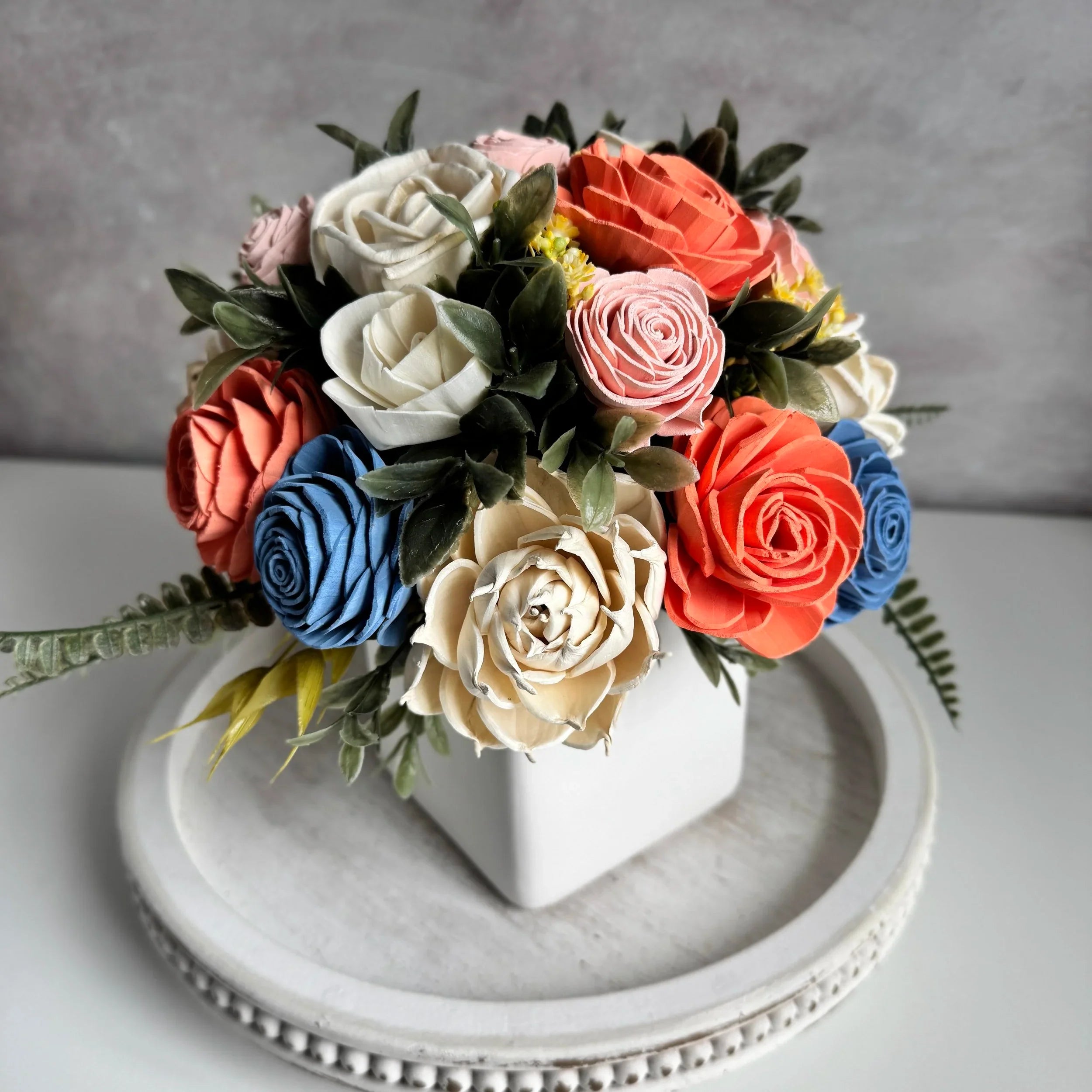 White Planter | Peach, Dusty Blue, and Pinks - Sola Wood Flowers | Handcrafted in Austin, TX by Sola Flower Sam