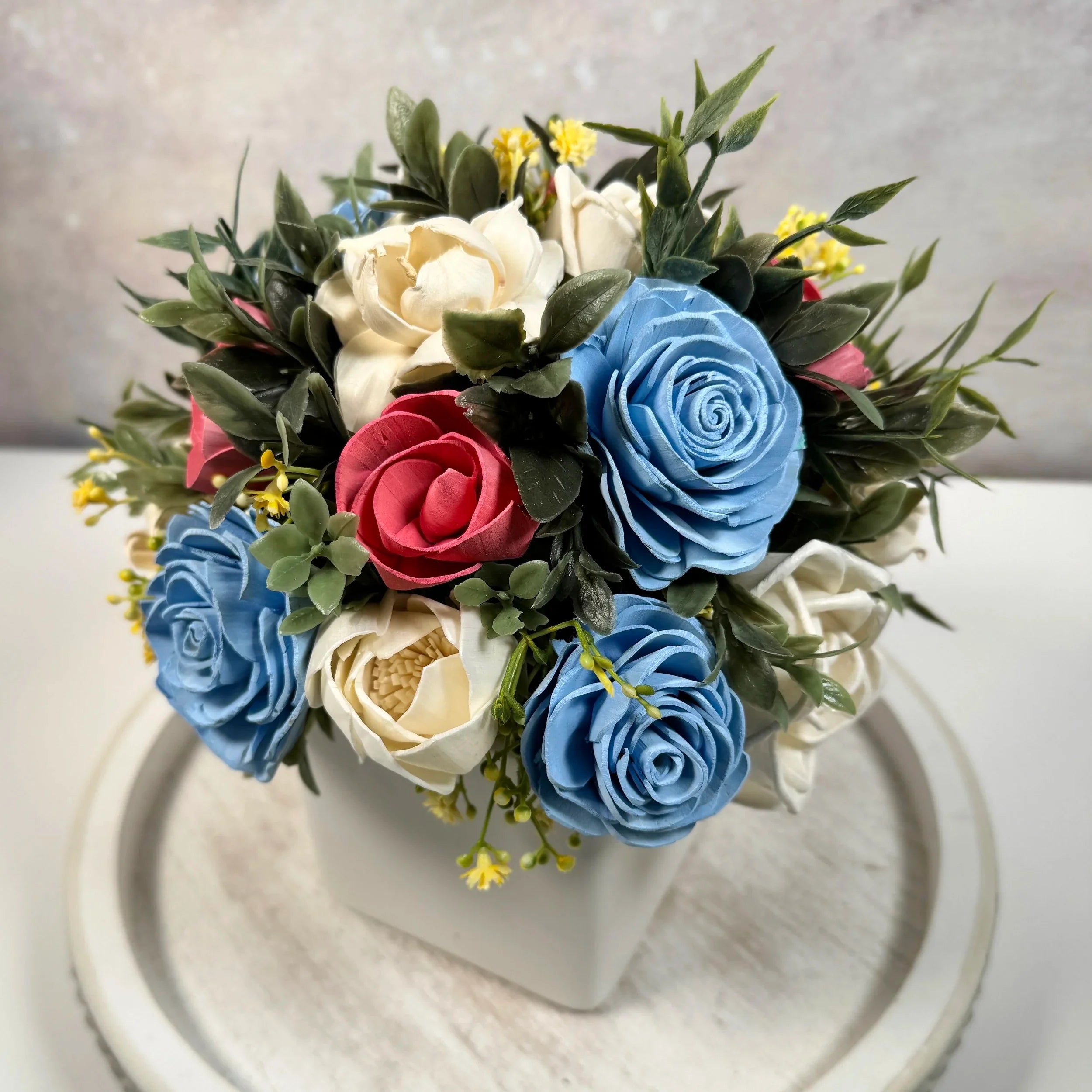 White Planter | Blues & Vanilla Pink Accents - Sola Wood Flowers | Handcrafted in Austin, TX by Sola Flower Sam