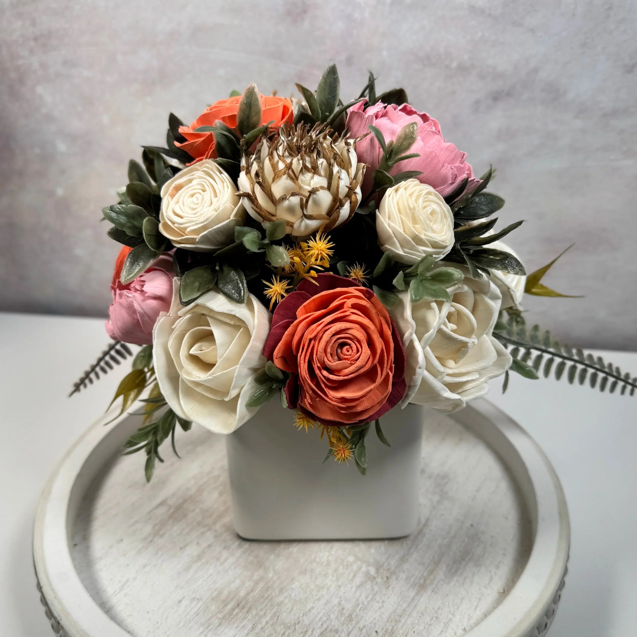 White Planter | Orange Maroon & Pinks - Sola Wood Flowers | Handcrafted in Austin, TX by Sola Flower Sam